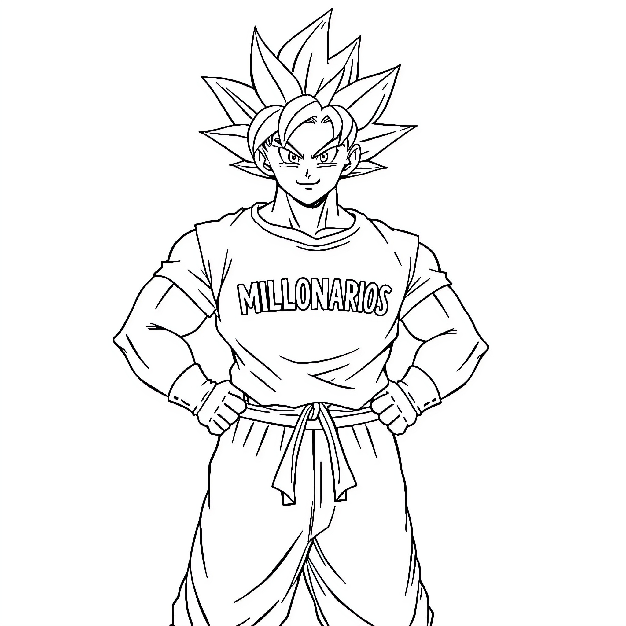 Goku in Millionarios outfit with confident expression Coloring Page (free black-and-white line drawing printable PDF for all, from beginners to advanced learners, including children, teens, adults, and seniors)