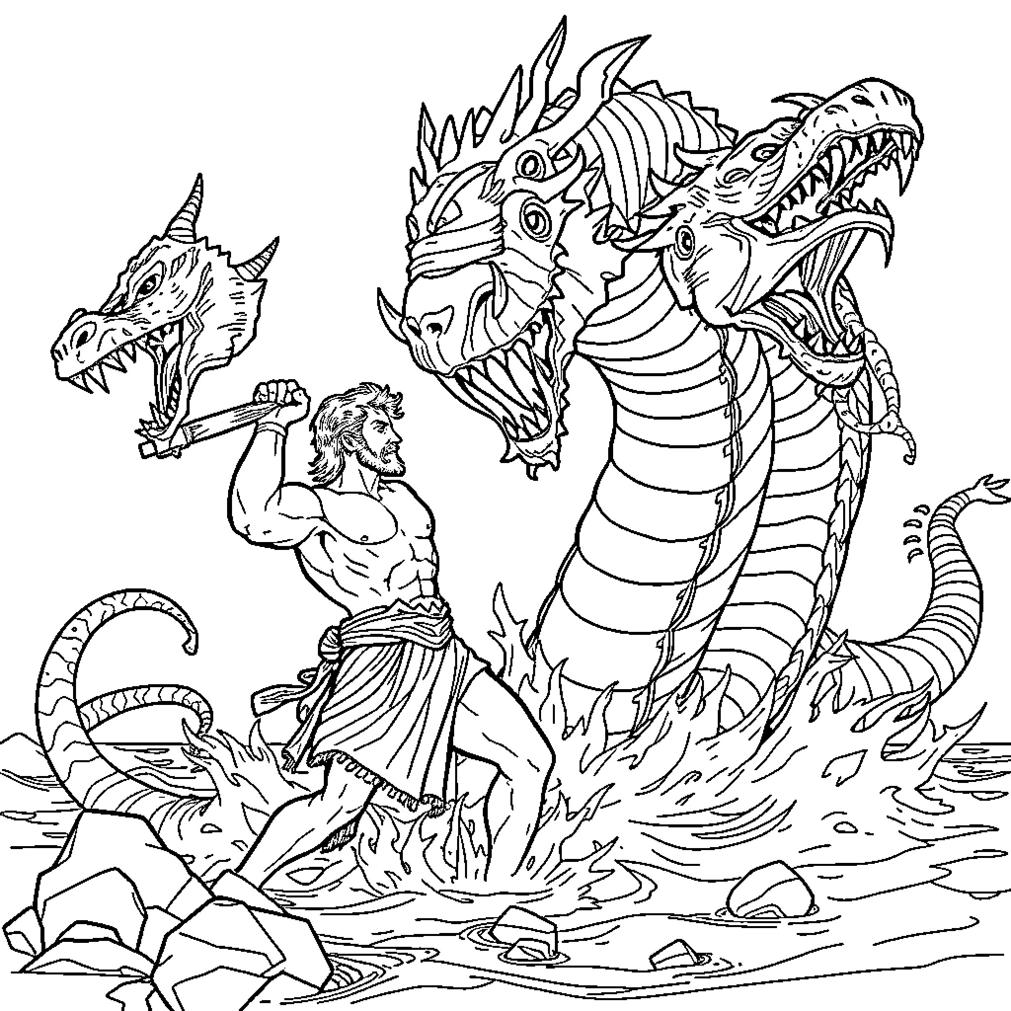 Hercules battling a ferocious multi-headed dragon Coloring Page (free black-and-white line drawing printable PDF for all, from beginners to advanced learners, including children, teens, adults, and seniors)