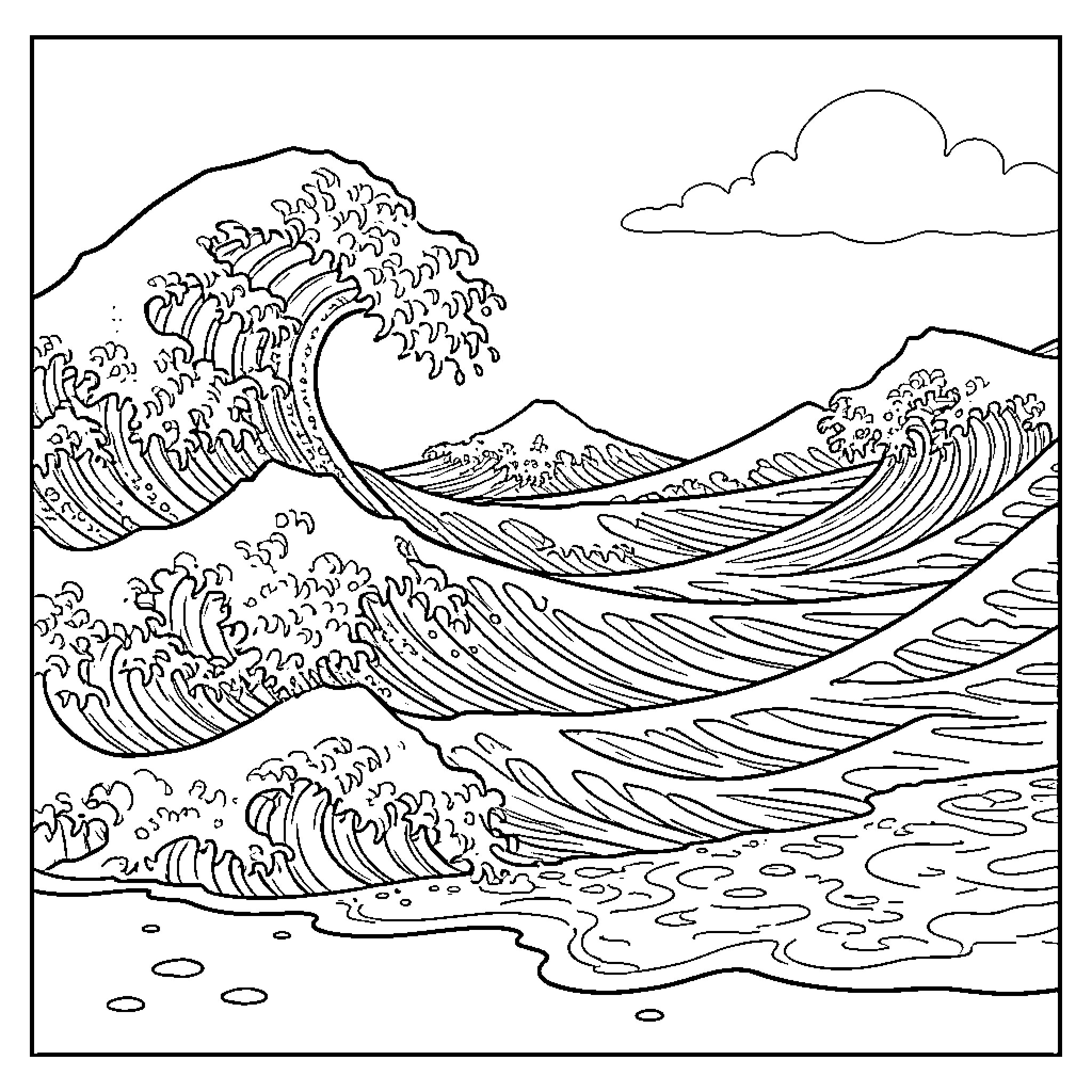 Wave crashing against the shore with mountains in the background Coloring Page (free black-and-white line drawing printable PDF for all, from beginners to advanced learners, including children, teens, adults, and seniors)