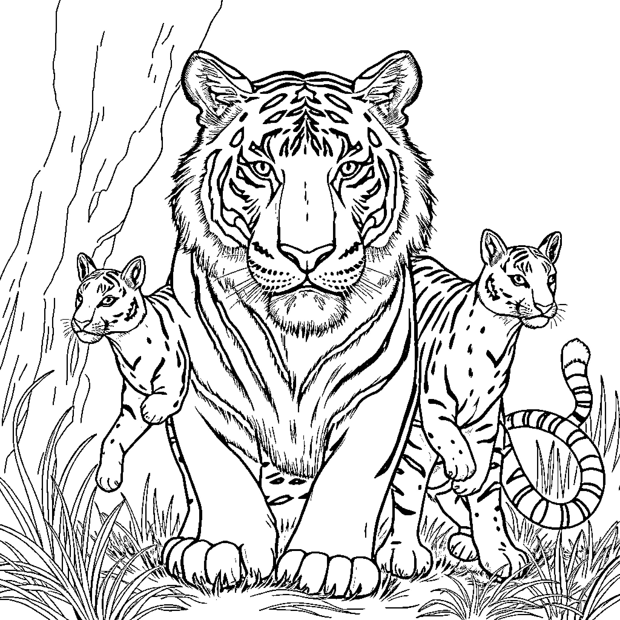 Tiger and its cubs in the wild Coloring Page (free black-and-white line drawing printable PDF for all, from beginners to advanced learners, including children, teens, adults, and seniors)