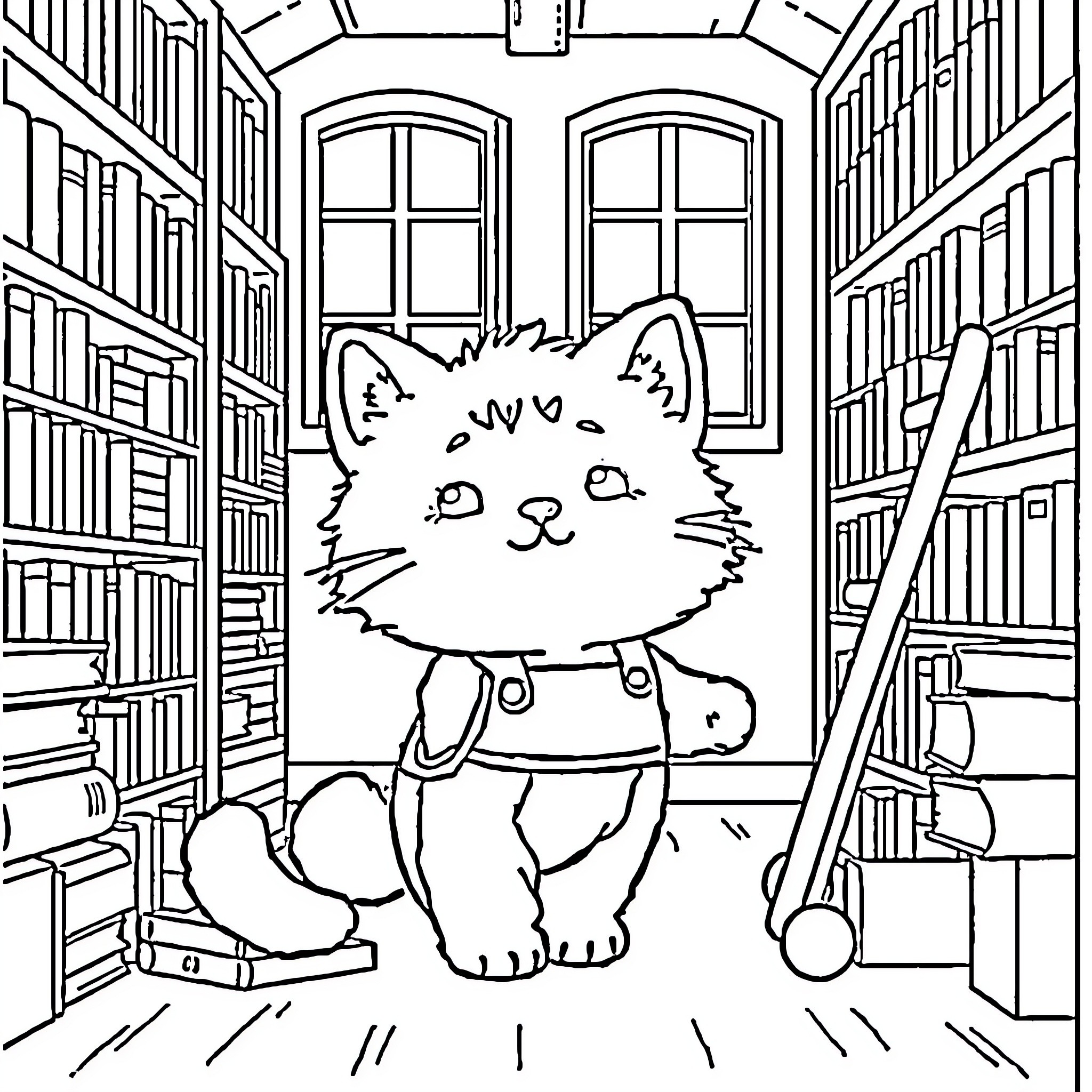Cat exploring a cozy library Coloring Page (free black-and-white line drawing printable PDF for all, from beginners to advanced learners, including children, teens, adults, and seniors)