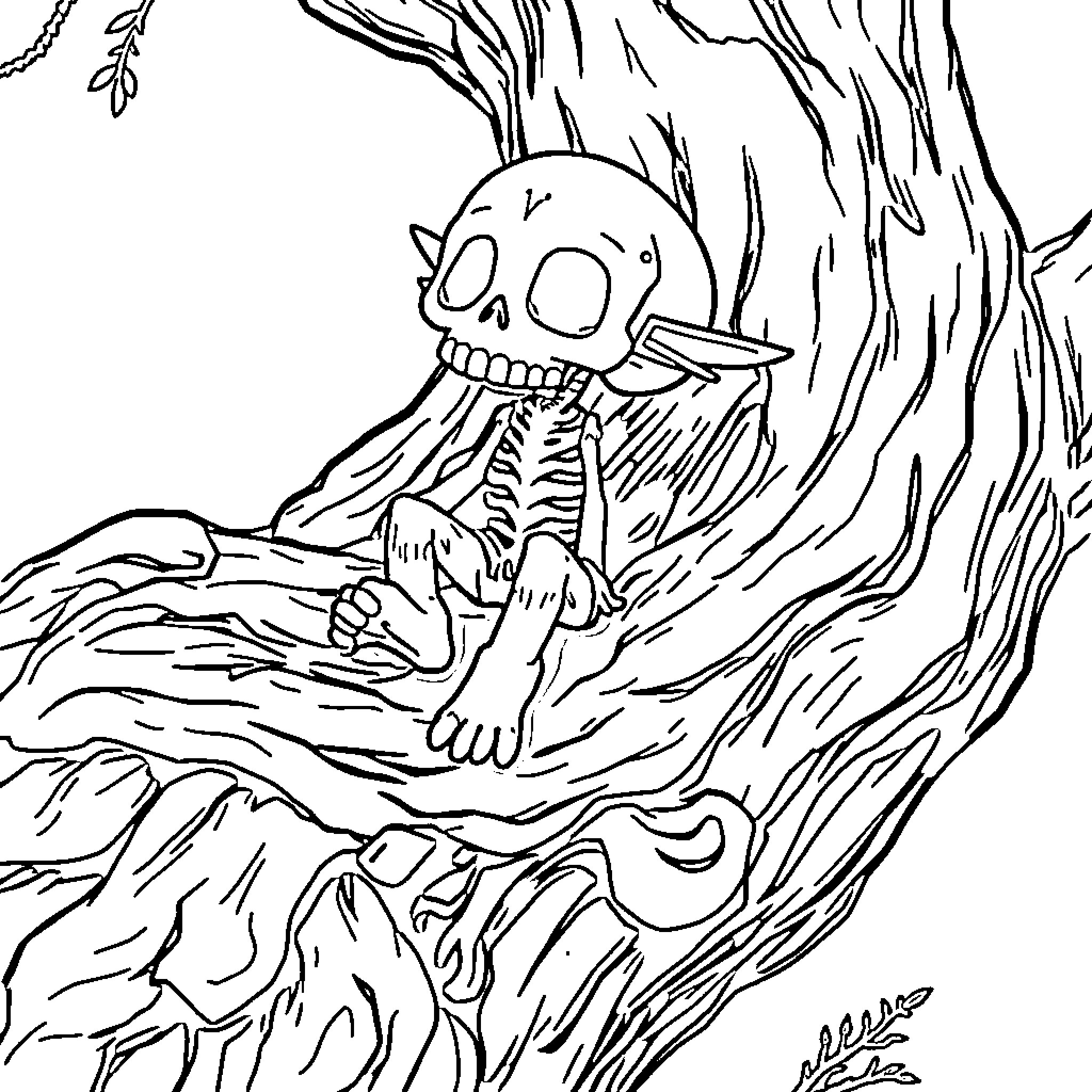 Skull Kid exploring the spooky forest Coloring Page (free black-and-white line drawing printable PDF for all, from beginners to advanced learners, including children, teens, adults, and seniors)