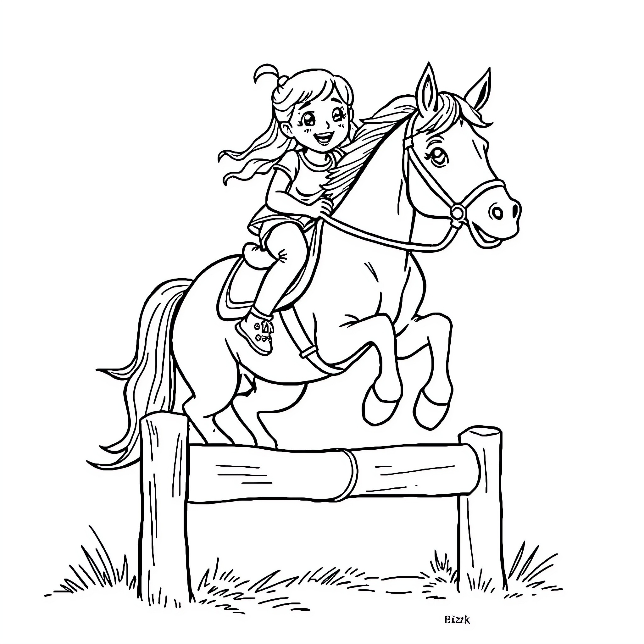 Girl riding horse over hurdle Coloring Page (free black-and-white line drawing printable PDF for all, from beginners to advanced learners, including children, teens, adults, and seniors)