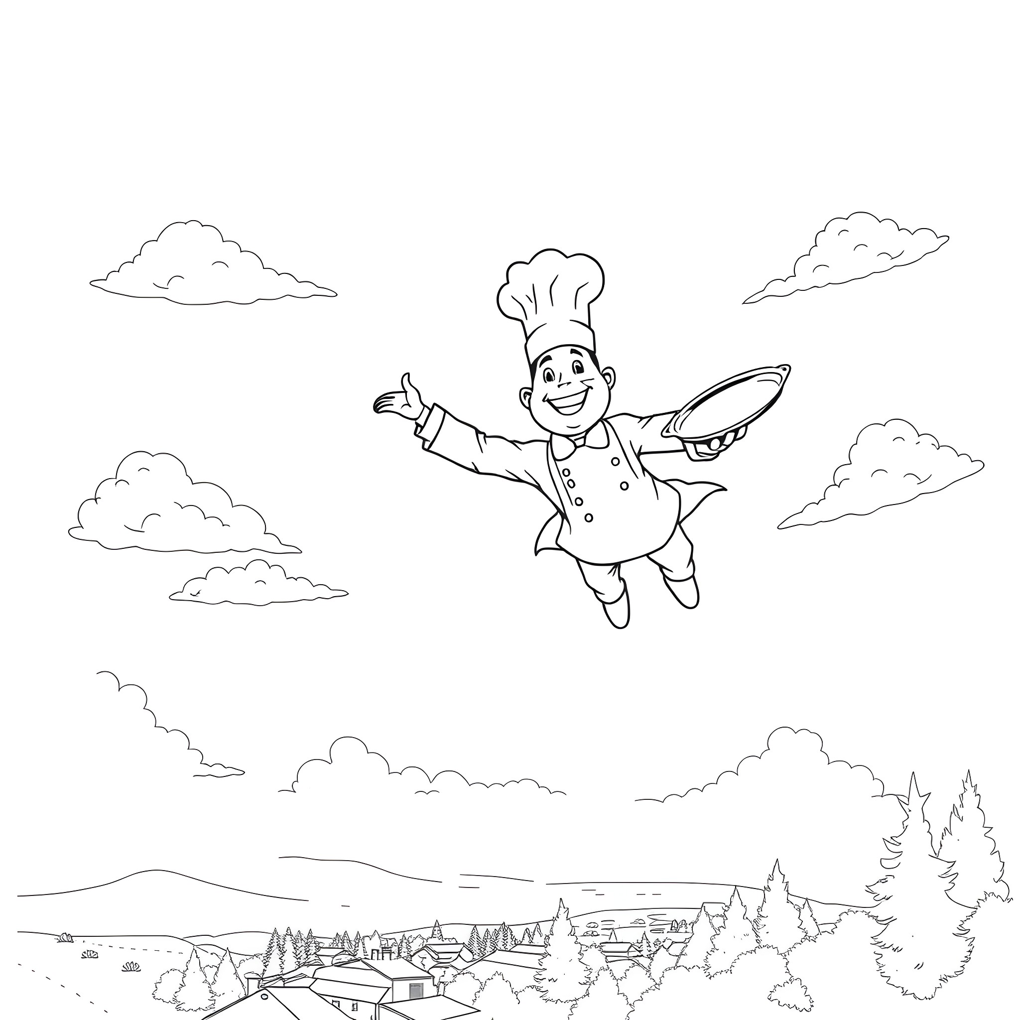 Chef Flying Joyfully Over Mountain Landscape Coloring Page (free black-and-white line drawing printable PDF for all, from beginners to advanced learners, including children, teens, adults, and seniors)