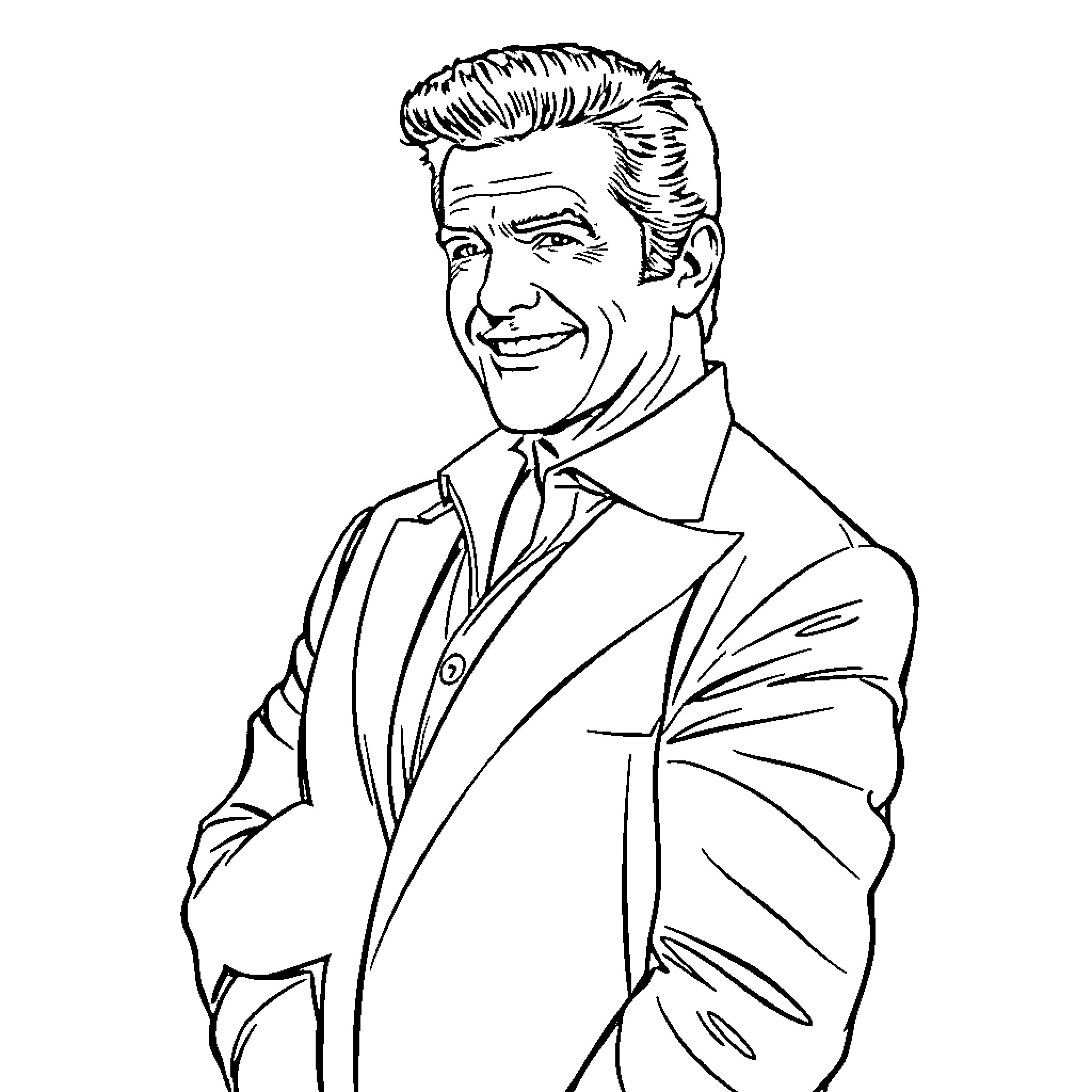 Burt Reynolds in Formal Attire Smiling Coloring Page (free black-and-white line drawing printable PDF for all, from beginners to advanced learners, including children, teens, adults, and seniors)
