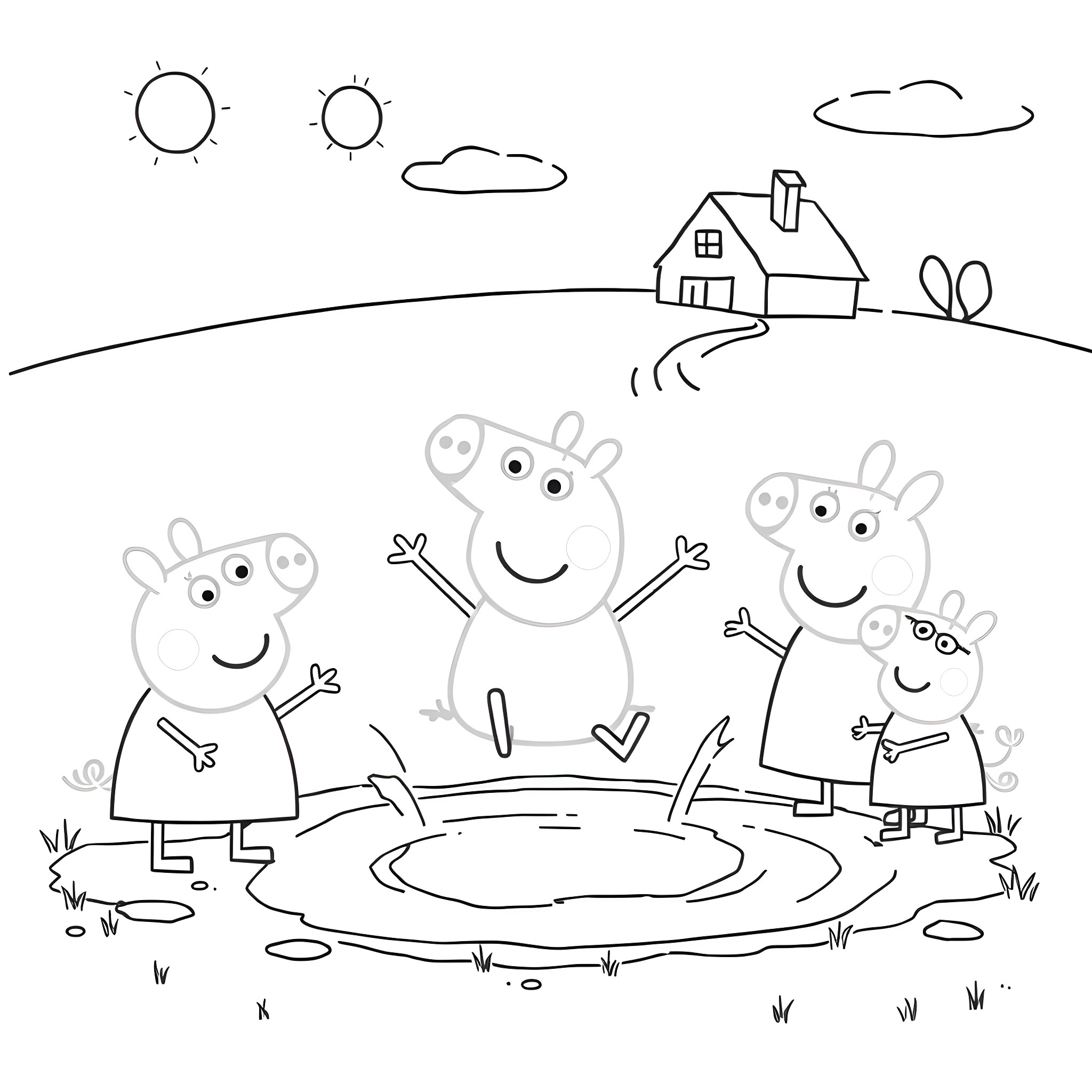 Peppa Pig family playing happily in the park Coloring Page (free black-and-white line drawing printable PDF for all, from beginners to advanced learners, including children, teens, adults, and seniors)