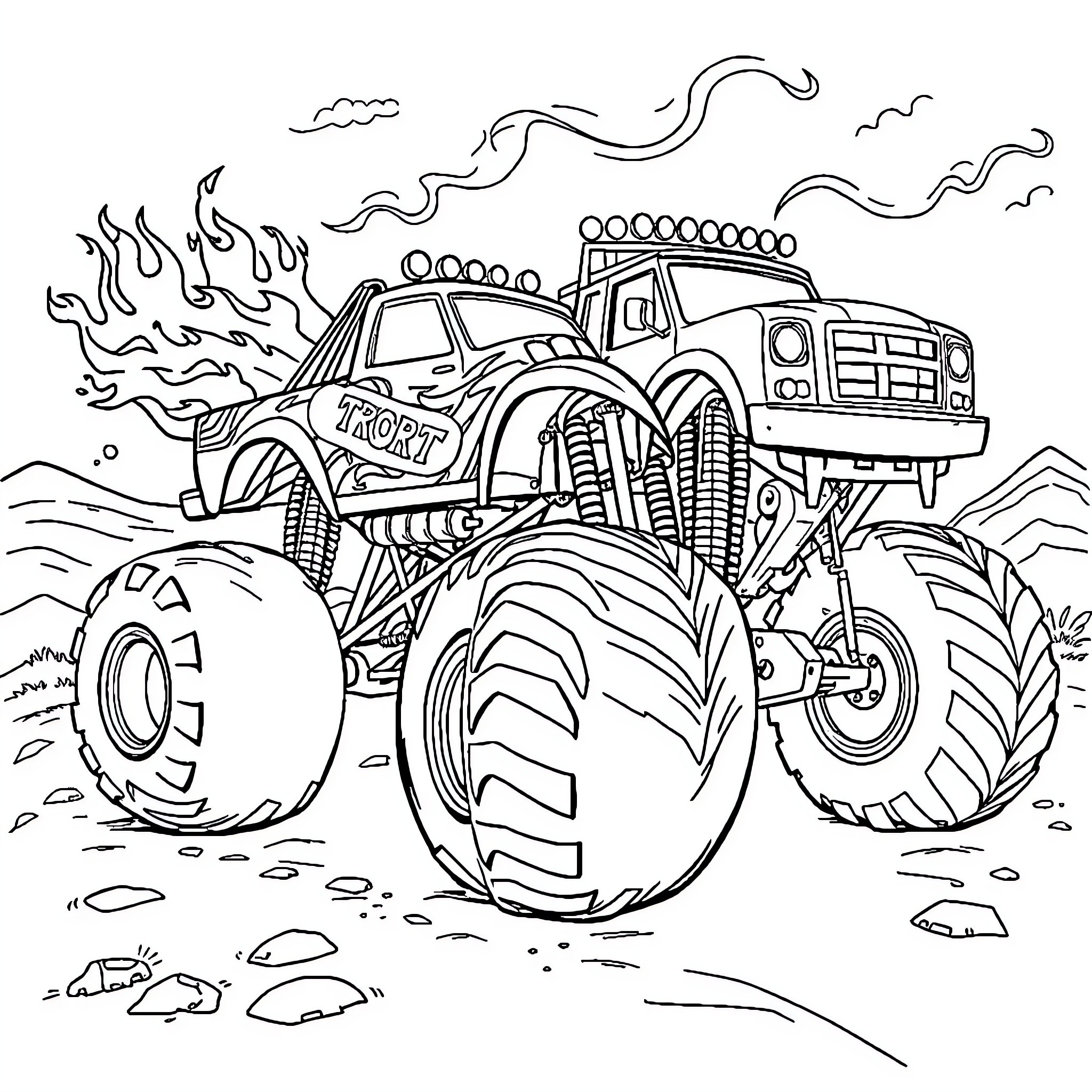 Monster Truck Crushing Rocks and Flames Coloring Page (free black-and-white line drawing printable PDF for all, from beginners to advanced learners, including children, teens, adults, and seniors)