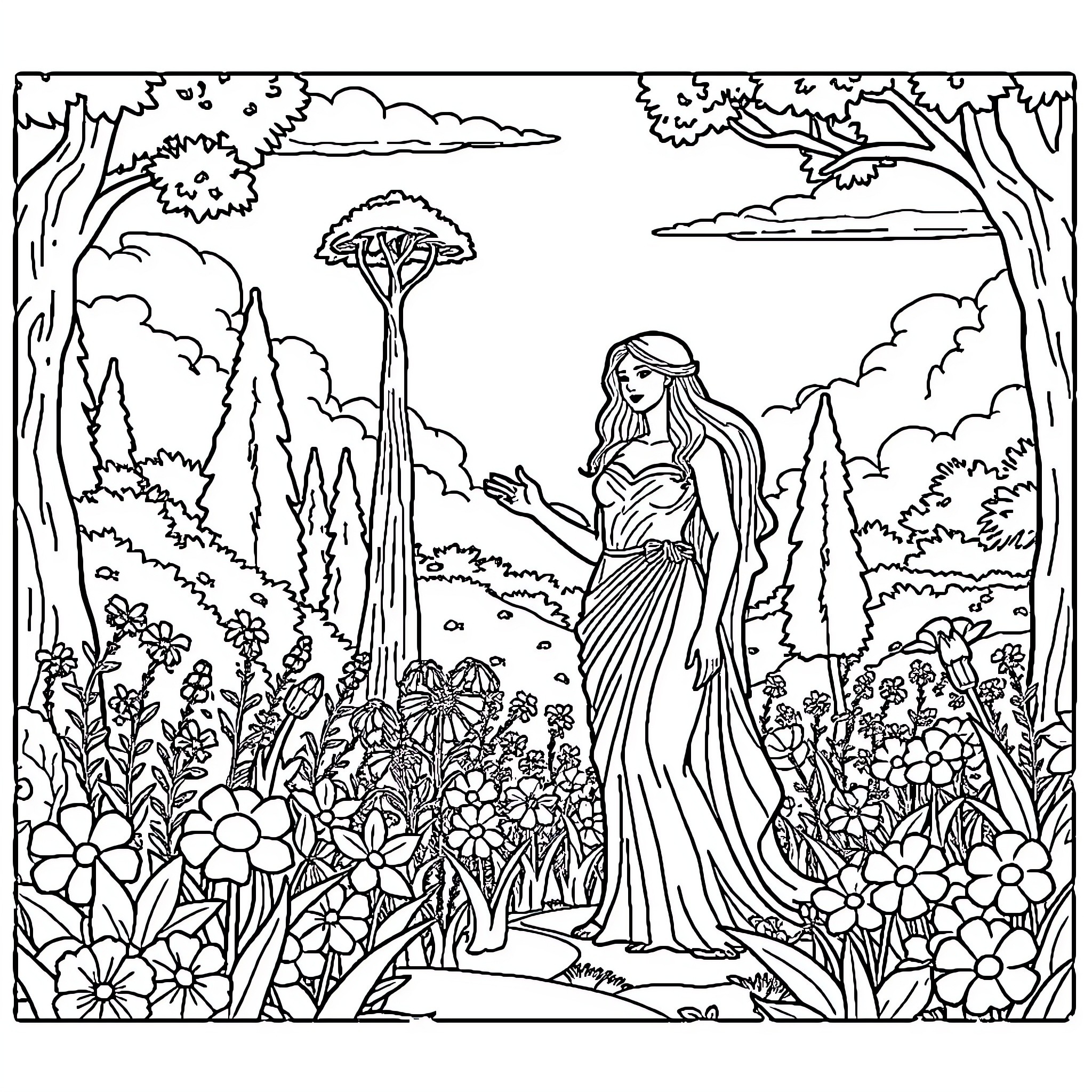 Adam and Eve in a Lush Floral Garden Coloring Page (free black-and-white line drawing printable PDF for all, from beginners to advanced learners, including children, teens, adults, and seniors)