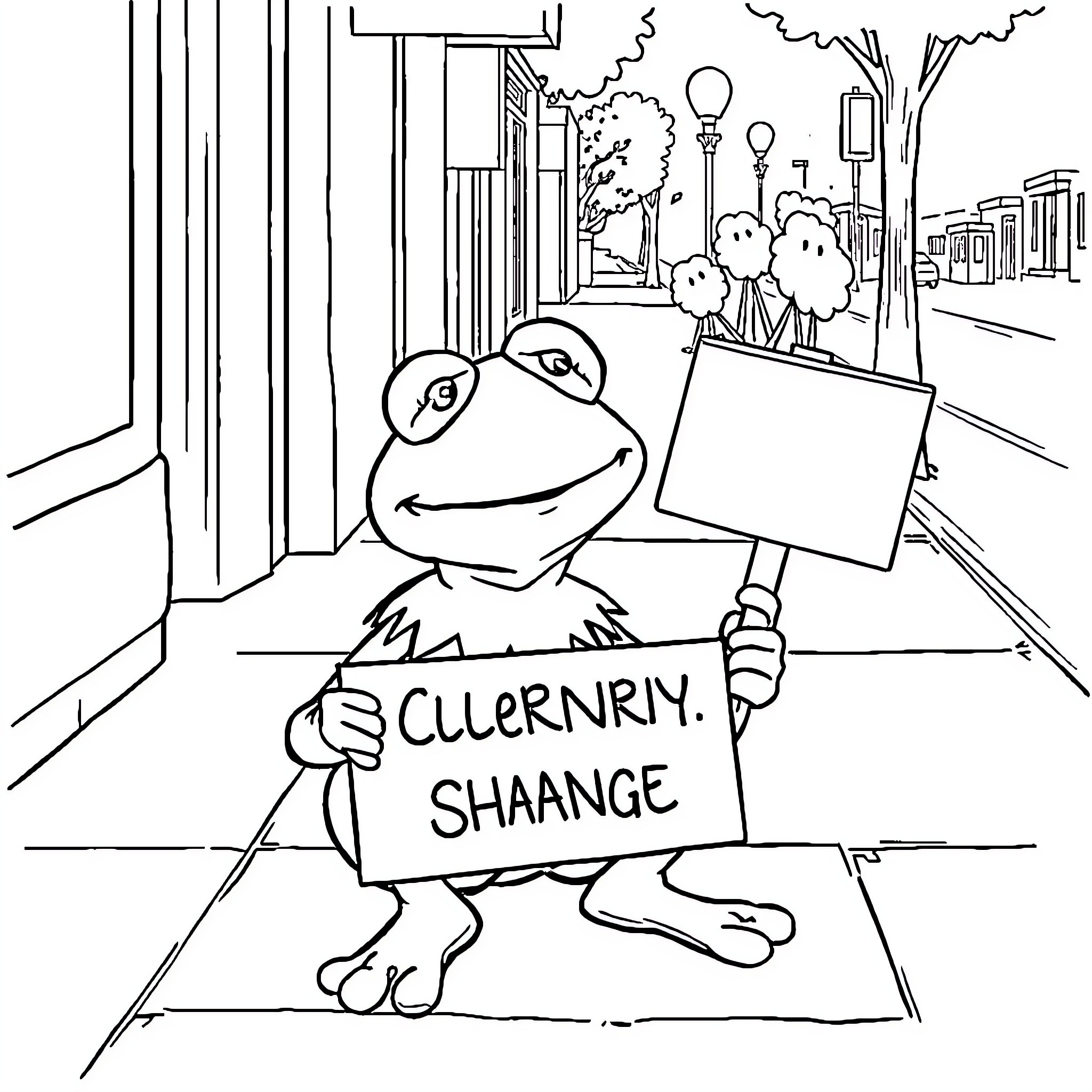 Kermit the Frog Protesting on City Street Coloring Page (free black-and-white line drawing printable PDF for all, from beginners to advanced learners, including children, teens, adults, and seniors)