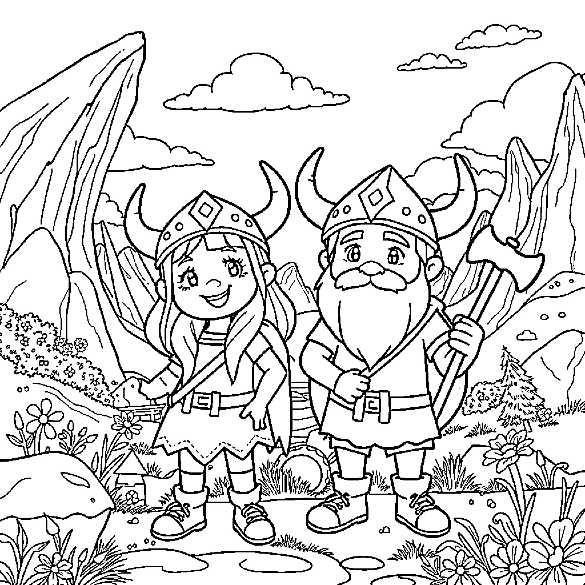 Suske en Wiske on an adventure in the mountains Coloring Page (free black-and-white line drawing printable PDF for all, from beginners to advanced learners, including children, teens, adults, and seniors)