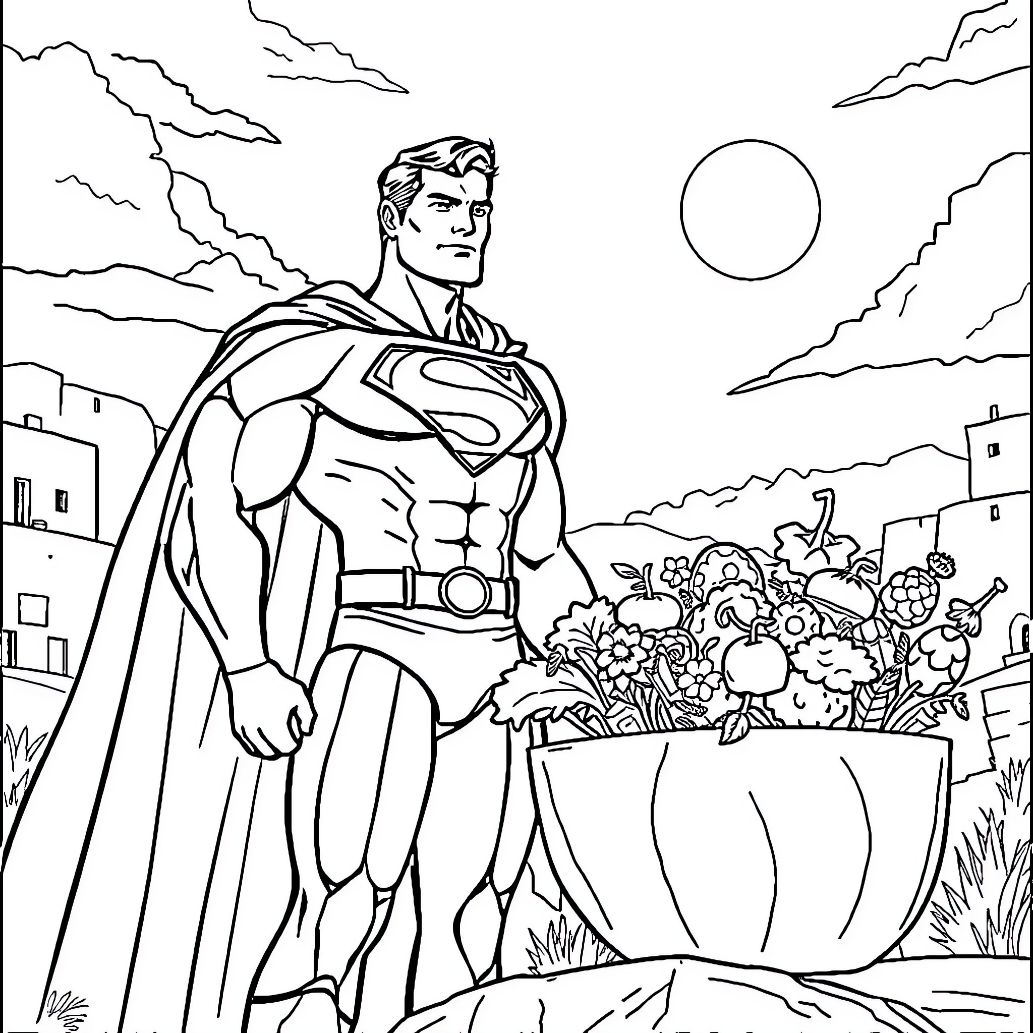 Salad of Superheroes and Cityscape Coloring Page (free black-and-white line drawing printable PDF for all, from beginners to advanced learners, including children, teens, adults, and seniors)