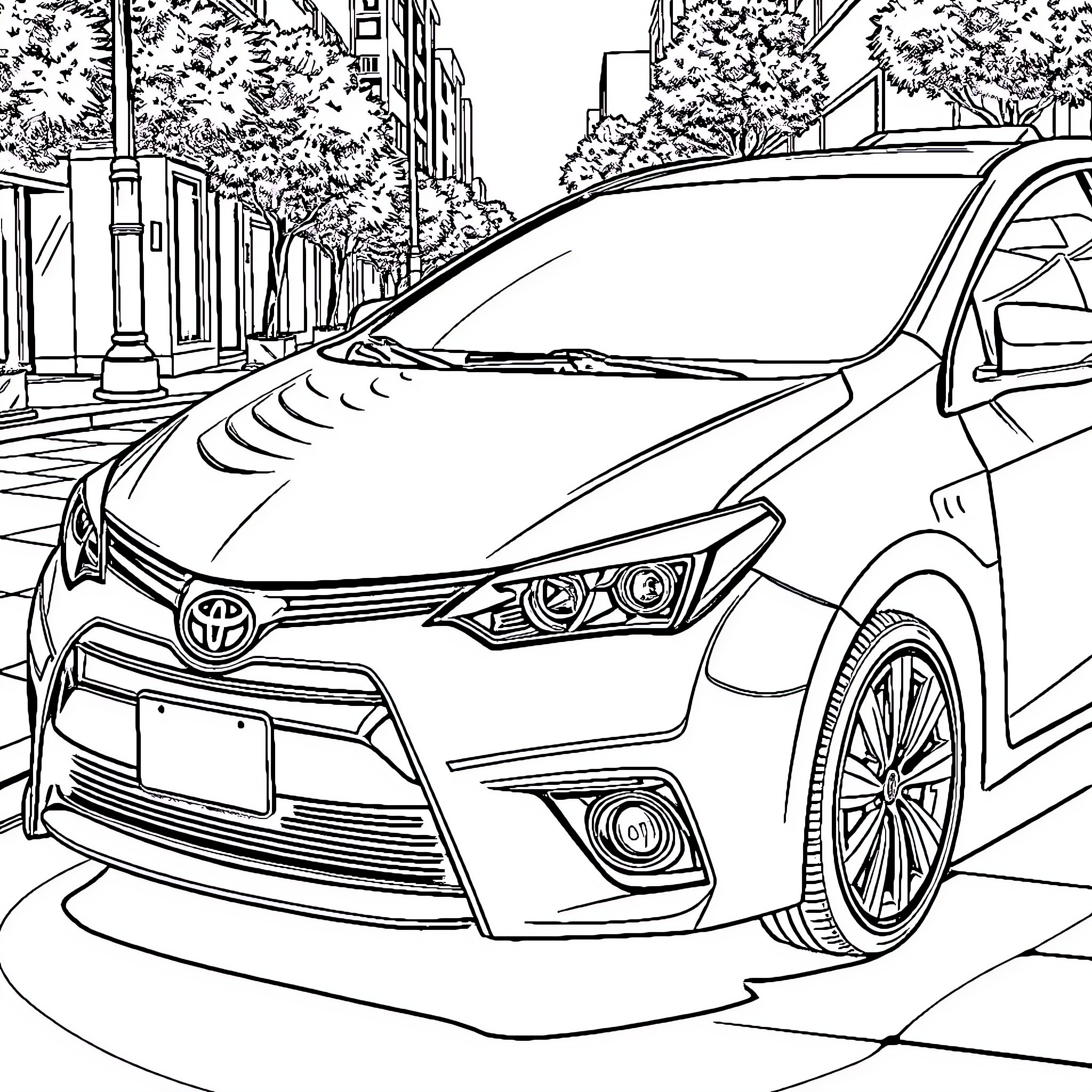 Toyota sedan on a city street Coloring Page (free black-and-white line drawing printable PDF for all, from beginners to advanced learners, including children, teens, adults, and seniors)