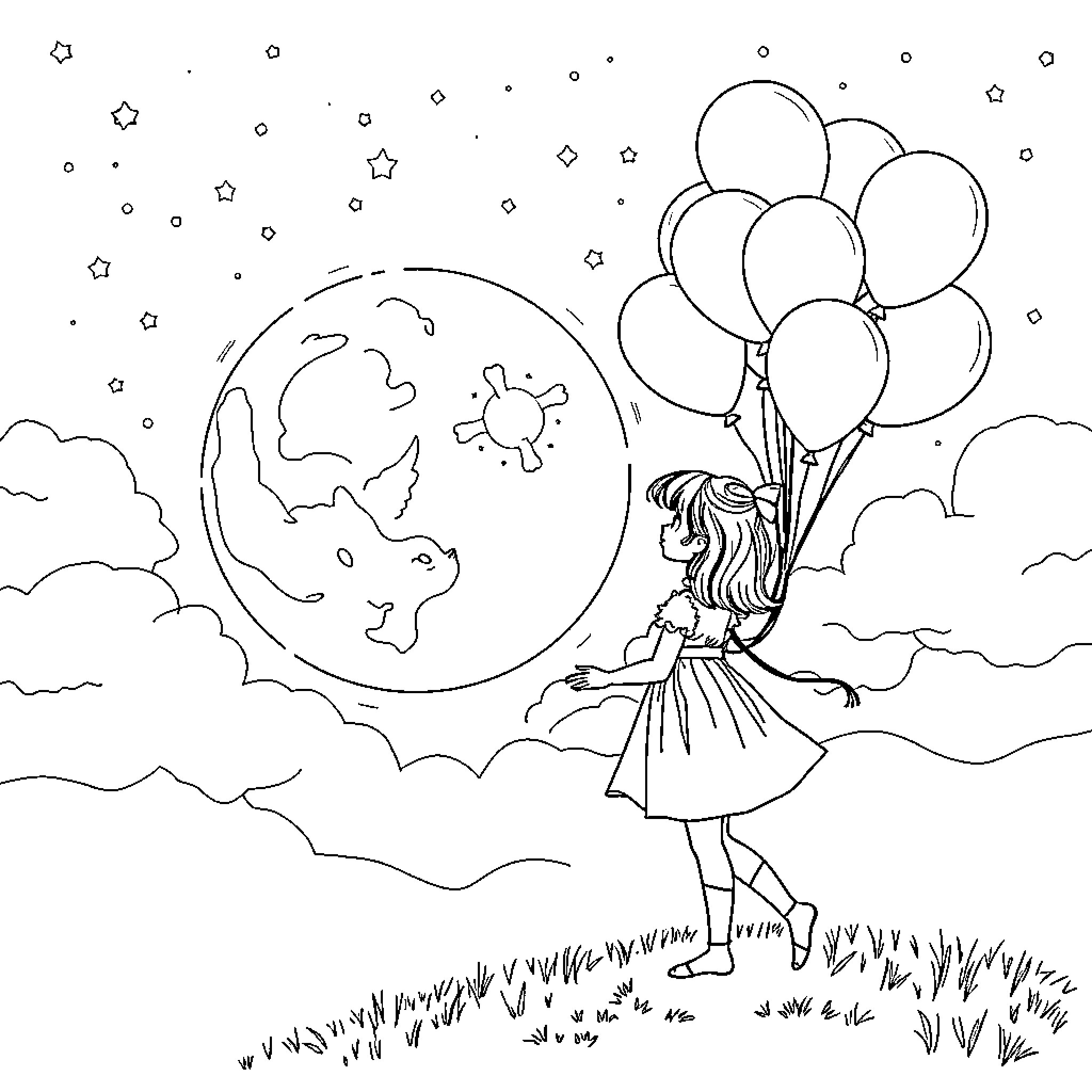 Moon girl holding balloons in the night sky Coloring Page (free black-and-white line drawing printable PDF for all, from beginners to advanced learners, including children, teens, adults, and seniors)