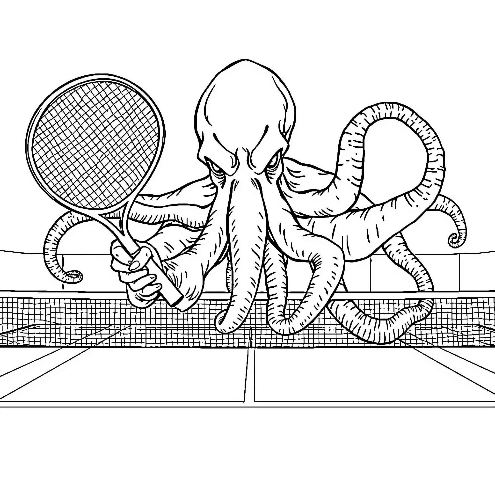 Cthulhu plays tennis on the court Coloring Page (free black-and-white line drawing printable PDF for all, from beginners to advanced learners, including children, teens, adults, and seniors)