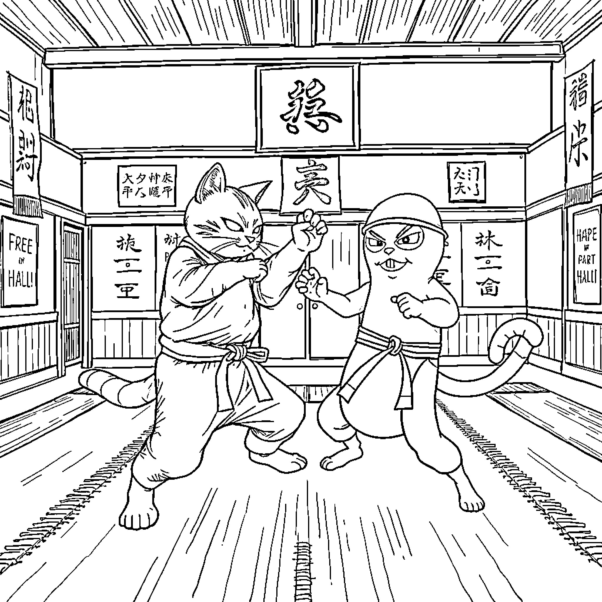 Cat ninja warriors in a dojo Coloring Page (free black-and-white line drawing printable PDF for all, from beginners to advanced learners, including children, teens, adults, and seniors)