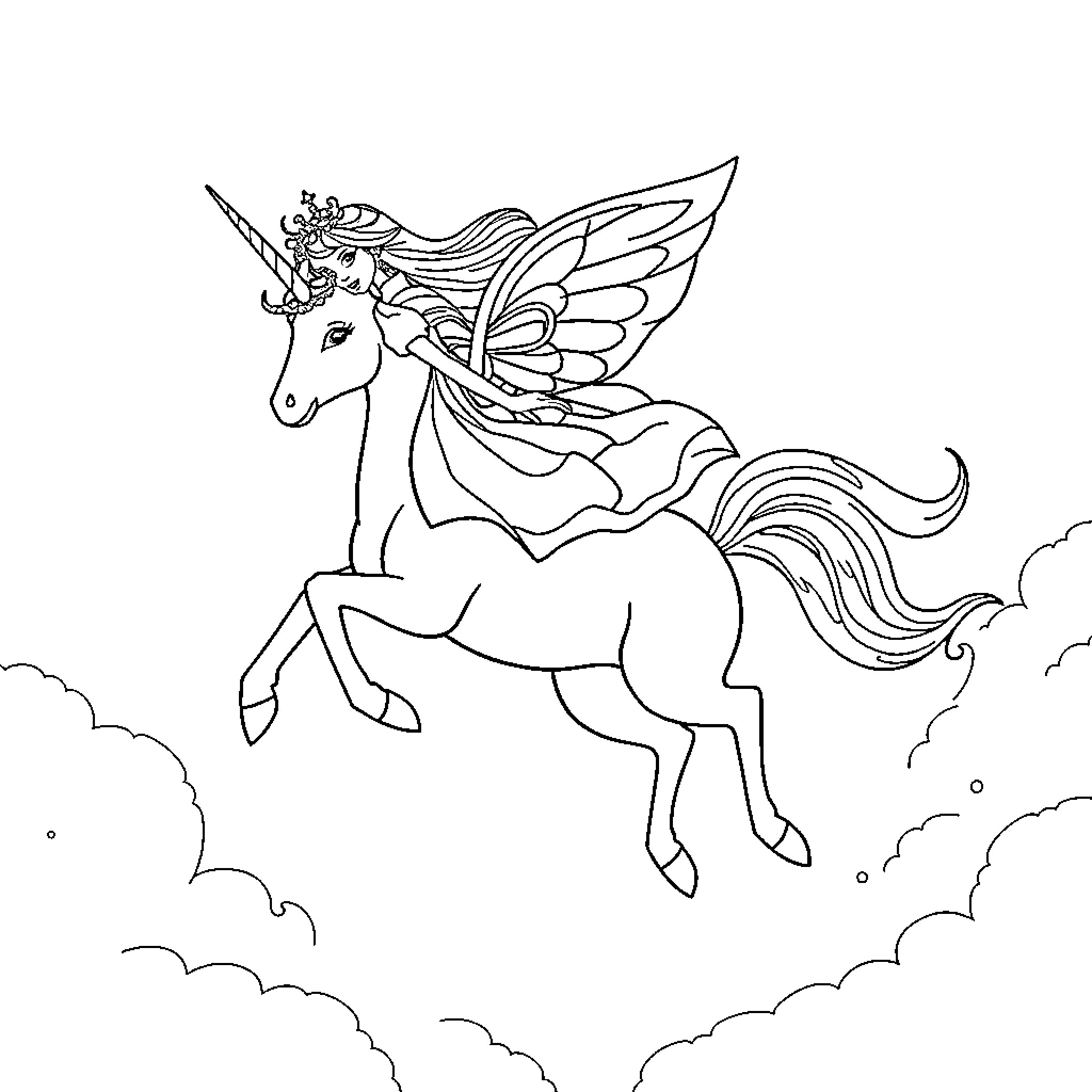 Princess Unicorn soaring through the clouds Coloring Page (free black-and-white line drawing printable PDF for all, from beginners to advanced learners, including children, teens, adults, and seniors)