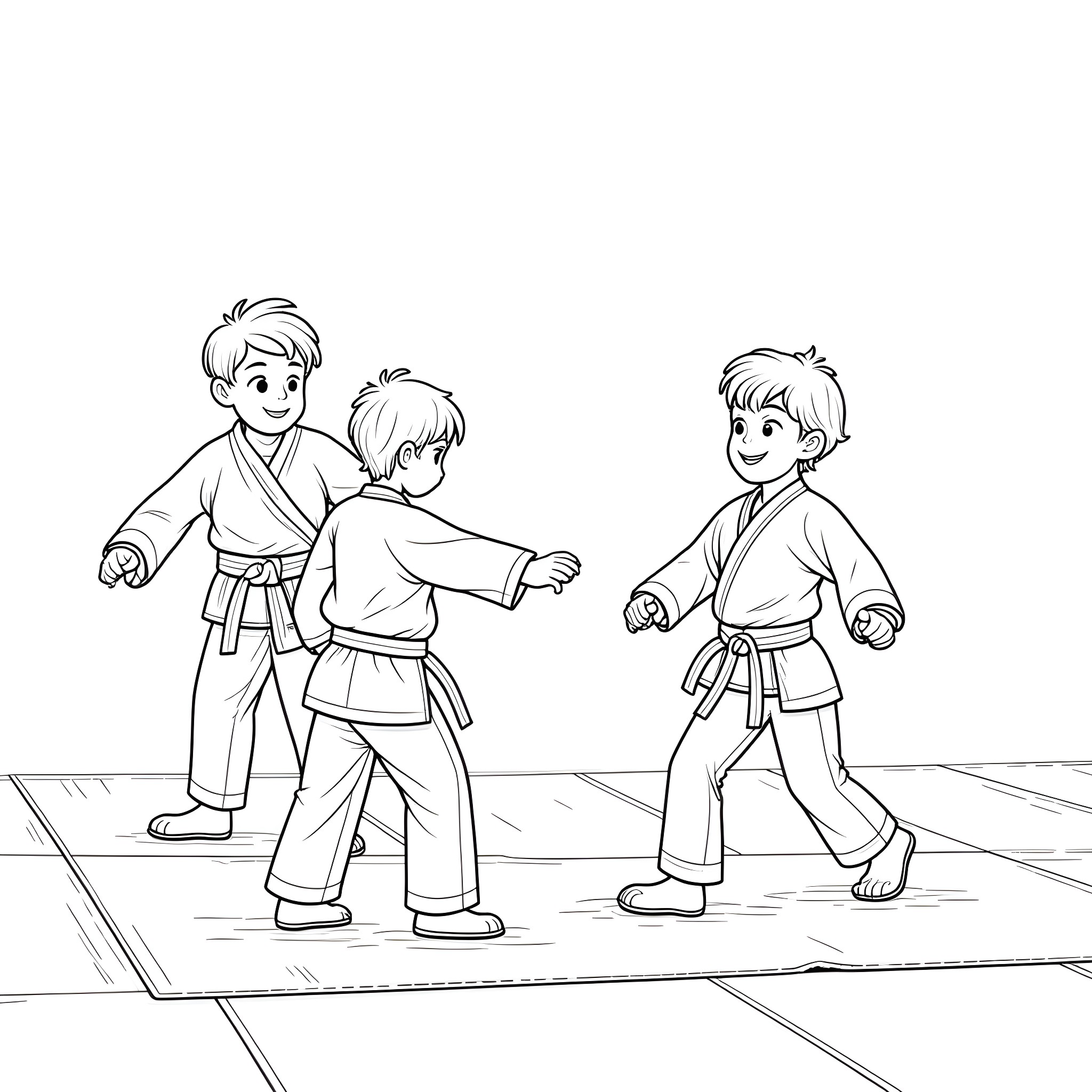 Kid Martial Artists in Training Coloring Page (free black-and-white line drawing printable PDF for all, from beginners to advanced learners, including children, teens, adults, and seniors)