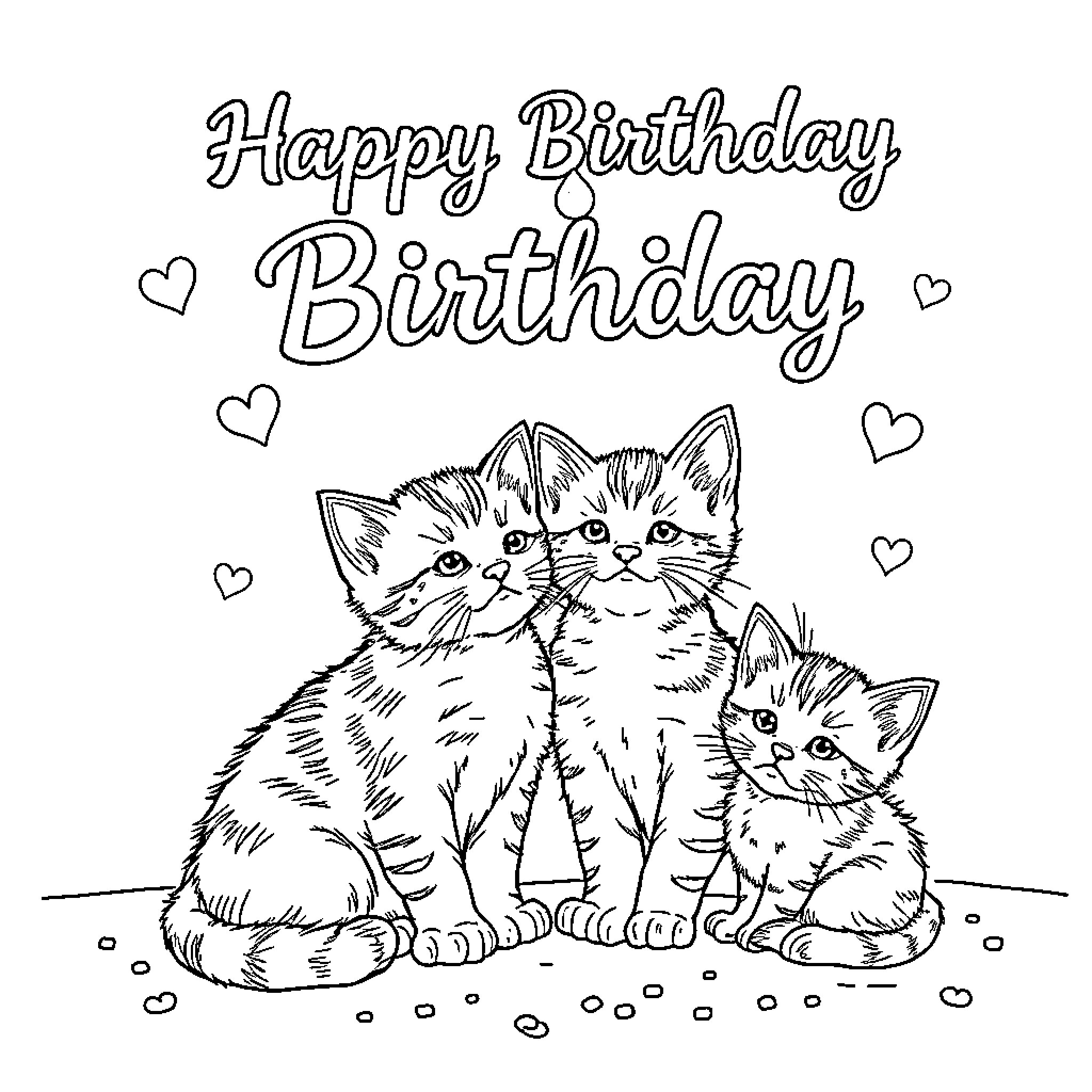 Cat Kittens Celebrating Birthday with Hearts Coloring Page (free black-and-white line drawing printable PDF for all, from beginners to advanced learners, including children, teens, adults, and seniors)