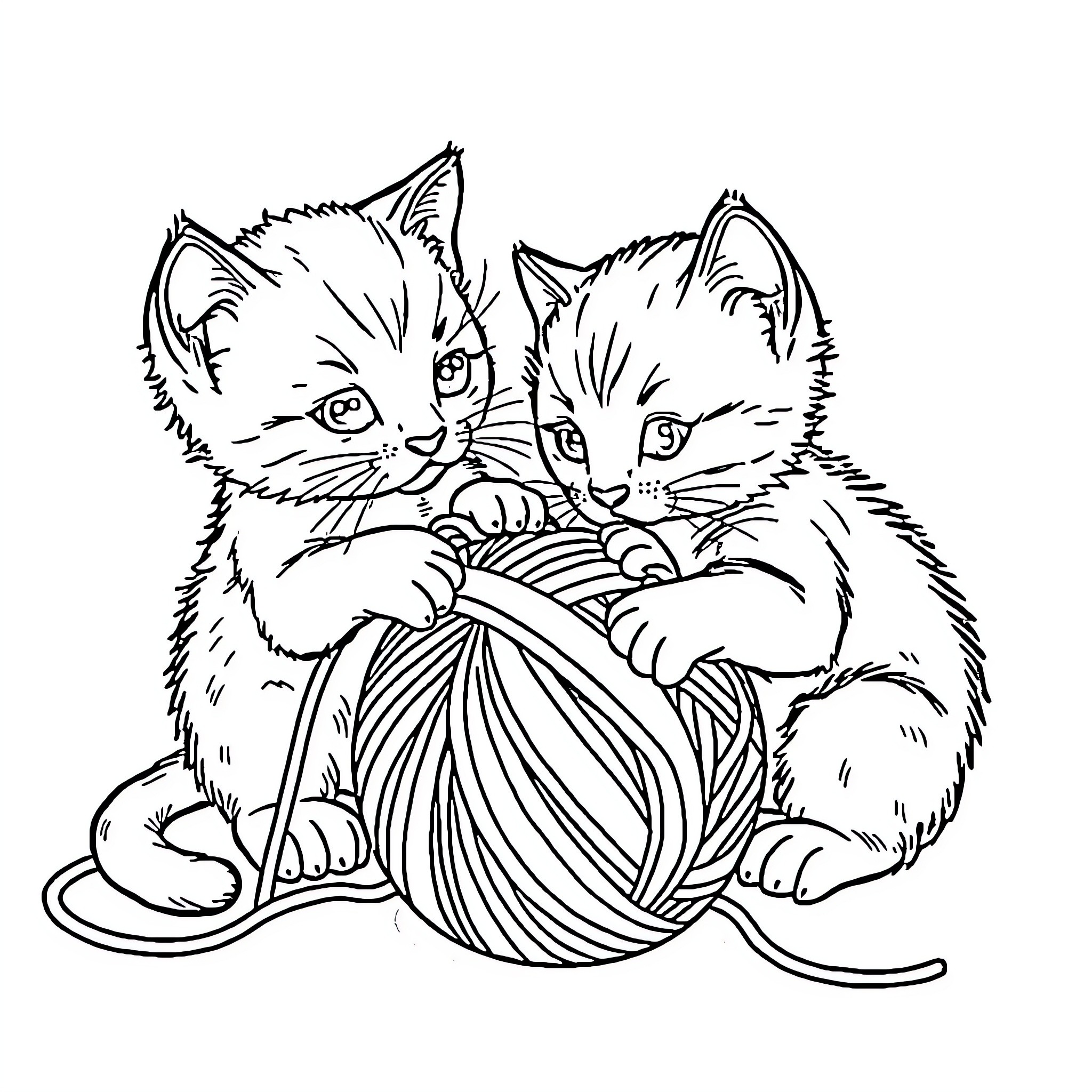 Kittens Playing with Ball of Yarn Coloring Page (free black-and-white line drawing printable PDF for all, from beginners to advanced learners, including children, teens, adults, and seniors)