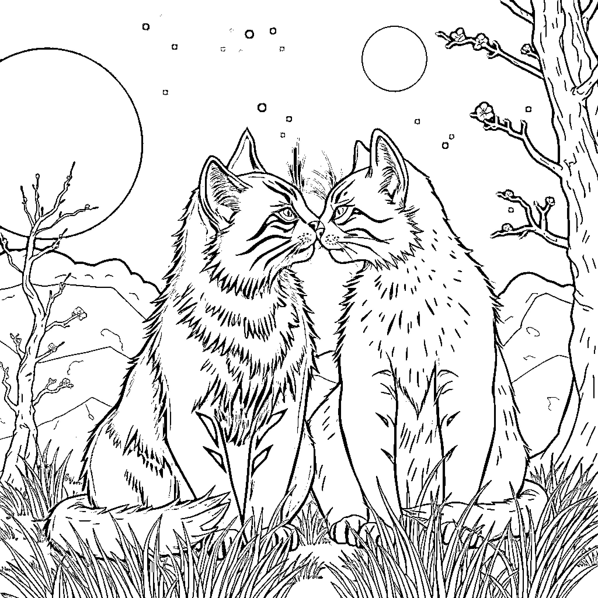 Warrior Cats in the Moonlit Forest Coloring Page (free black-and-white line drawing printable PDF for all, from beginners to advanced learners, including children, teens, adults, and seniors)