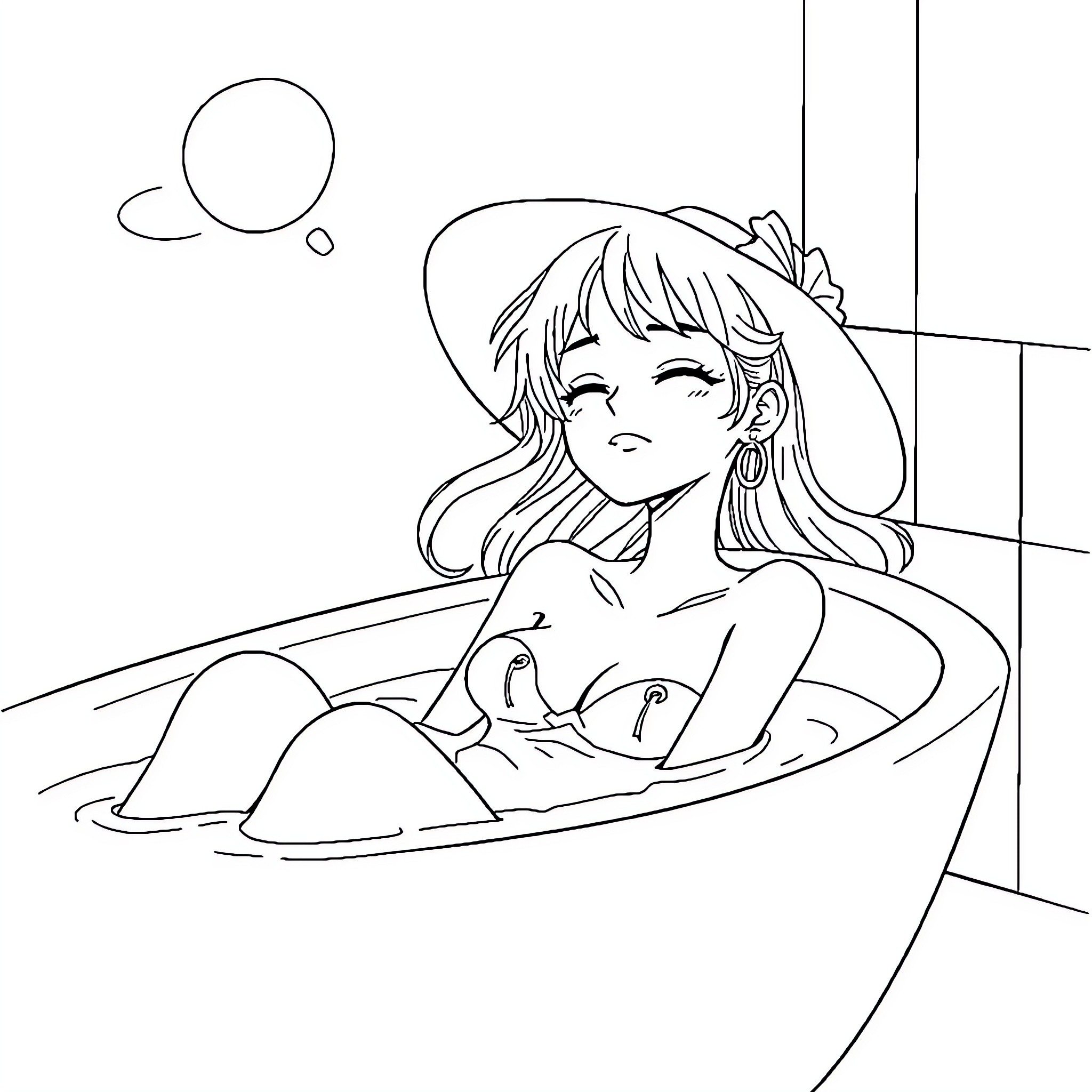 Nami relaxing in a bathtub Coloring Page (free black-and-white line drawing printable PDF for all, from beginners to advanced learners, including children, teens, adults, and seniors)