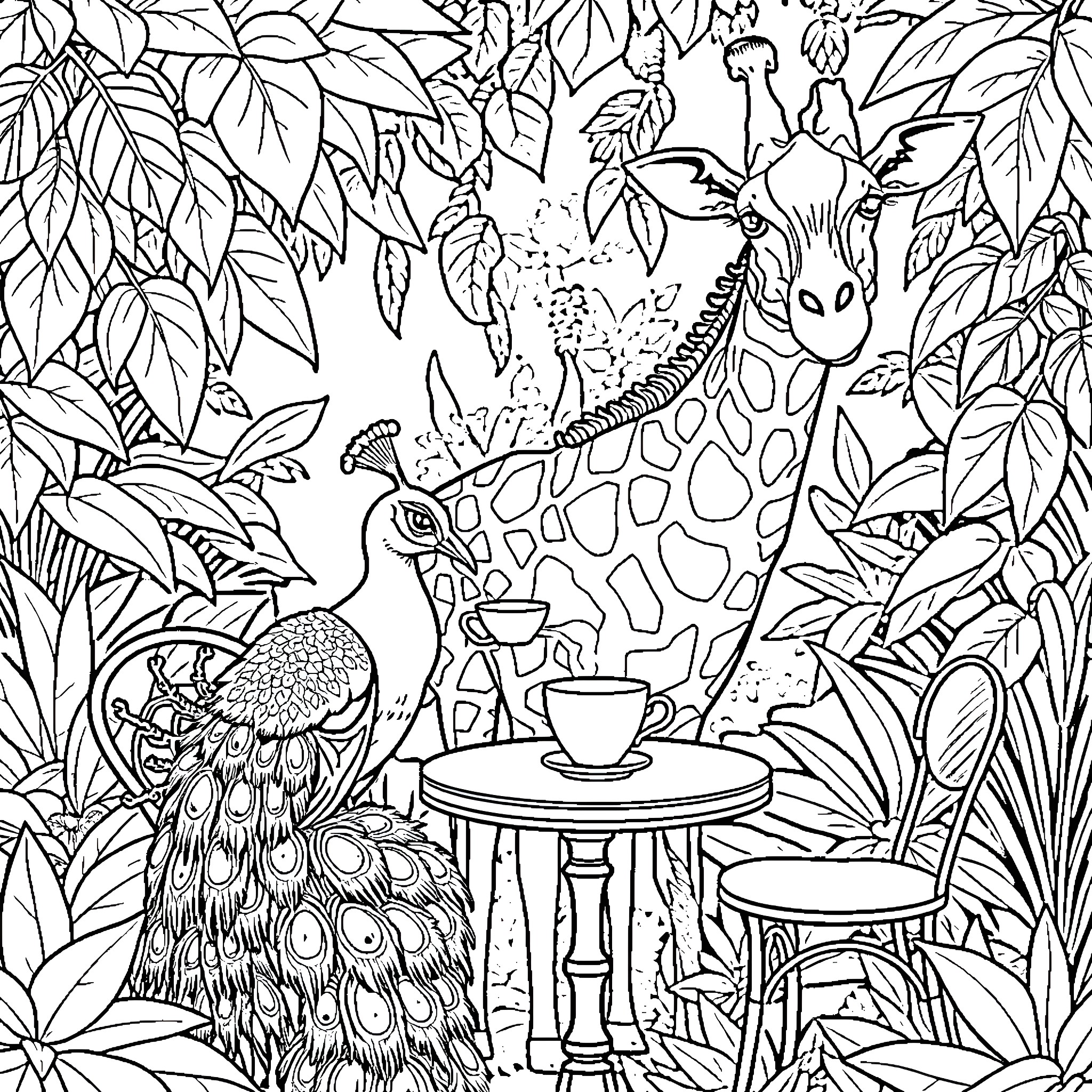 Peacock Feathers and Exotic Creatures in the Jungle Coloring Page (free black-and-white line drawing printable PDF for all, from beginners to advanced learners, including children, teens, adults, and seniors)