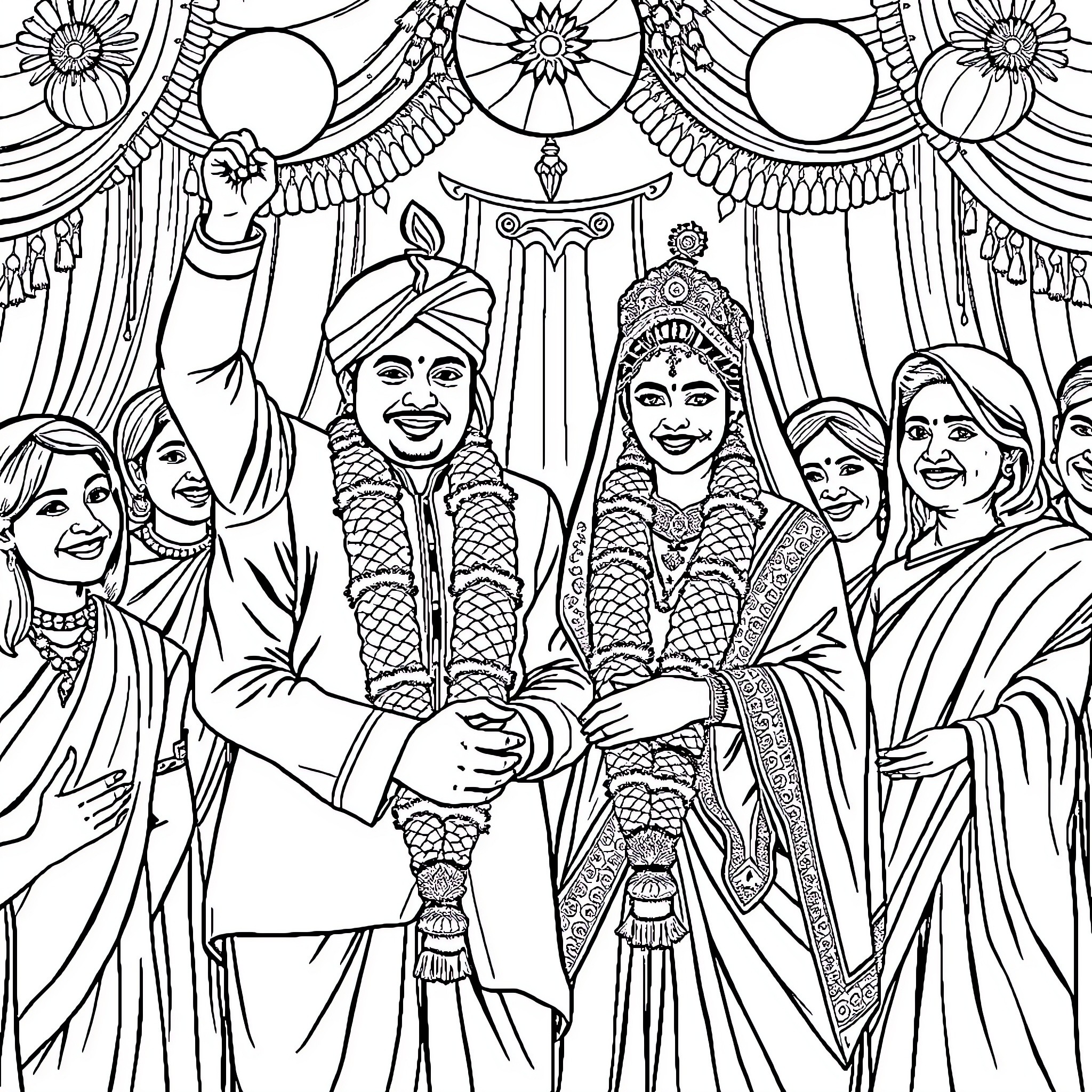 Nepalese Couple Celebrating Traditional Wedding Ceremony Coloring Page (free black-and-white line drawing printable PDF for all, from beginners to advanced learners, including children, teens, adults, and seniors)