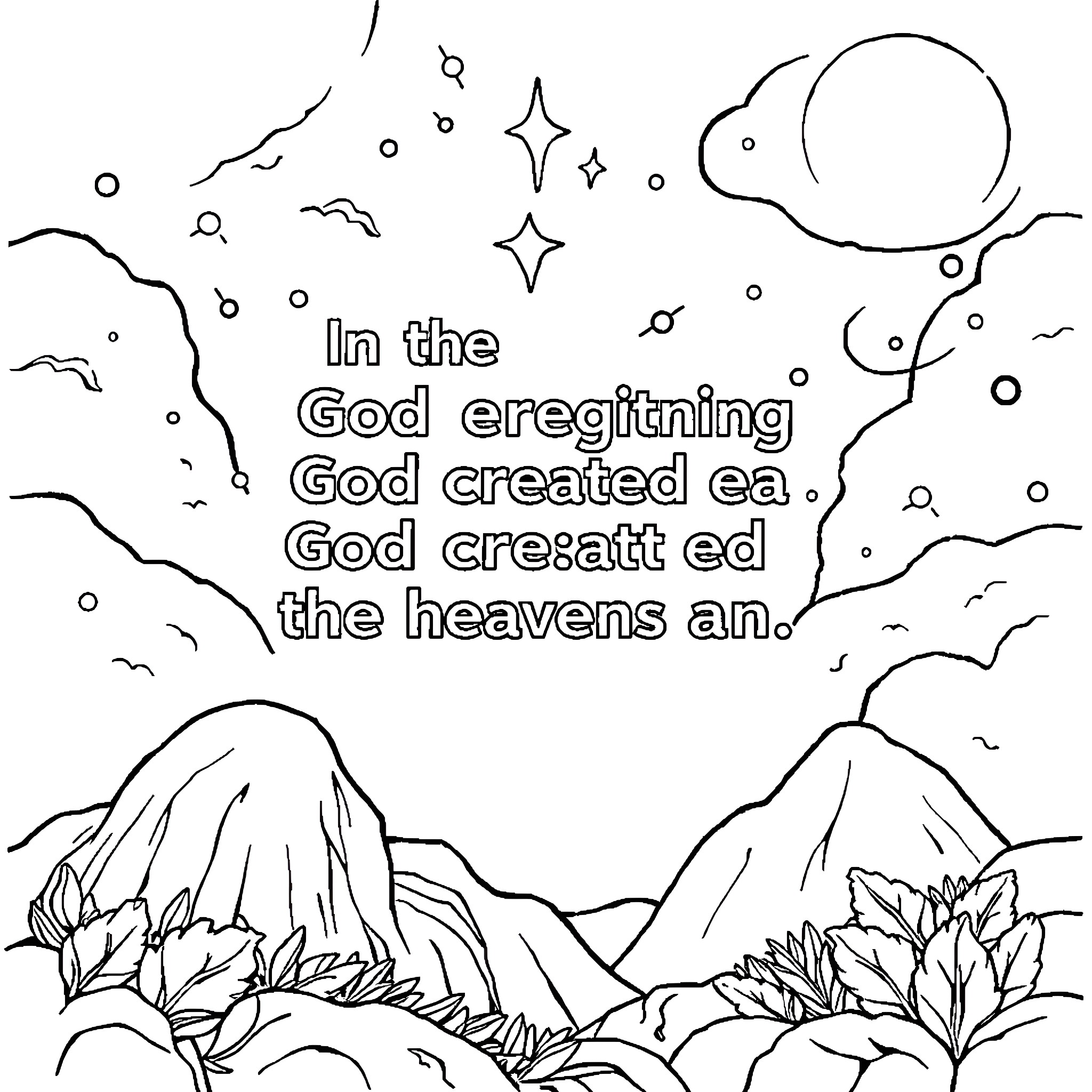 Genesis of God's creation in the heavens Coloring Page (free black-and-white line drawing printable PDF for all, from beginners to advanced learners, including children, teens, adults, and seniors)