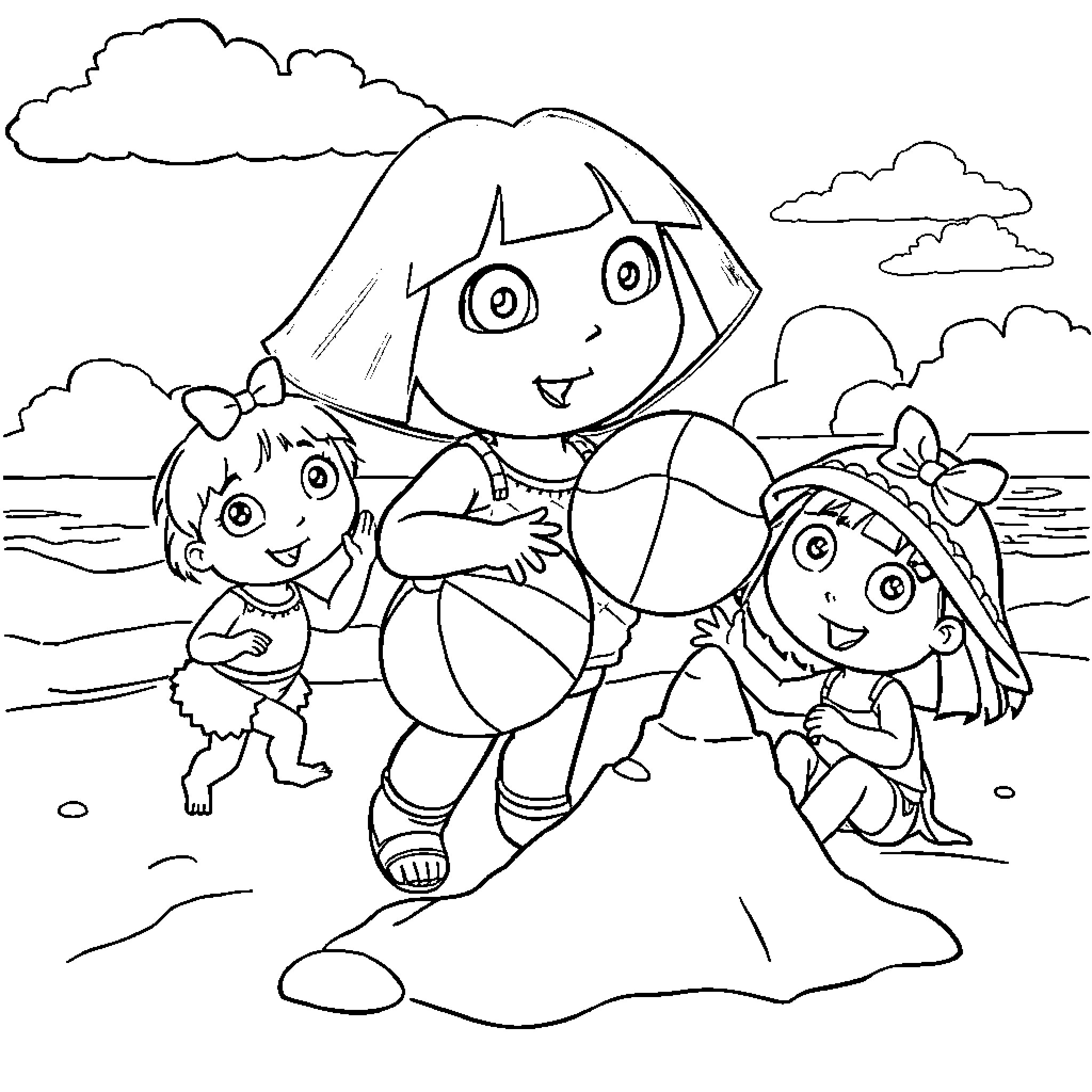 Dora and her friends enjoying a day at the beach Coloring Page (free black-and-white line drawing printable PDF for all, from beginners to advanced learners, including children, teens, adults, and seniors)