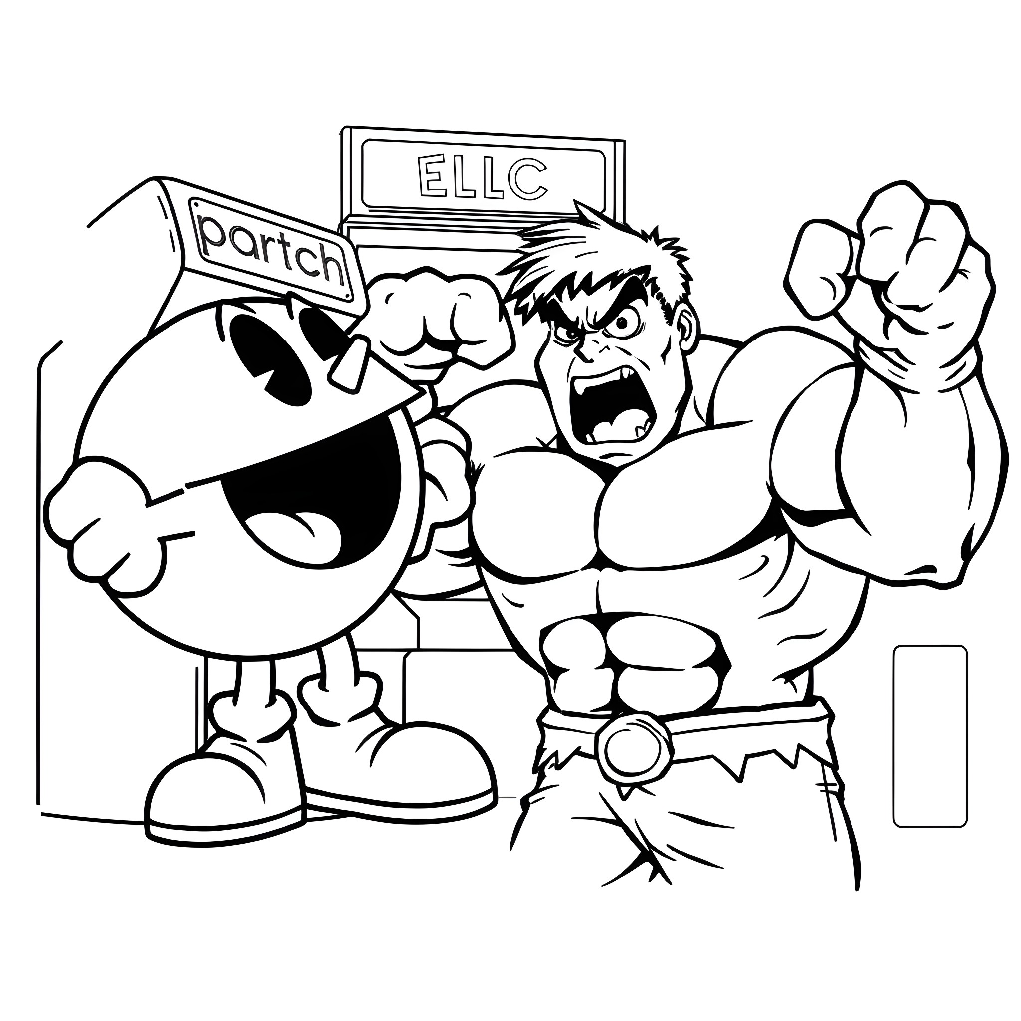 Pacman battling a muscular warrior in an ELLC match Coloring Page (free black-and-white line drawing printable PDF for all, from beginners to advanced learners, including children, teens, adults, and seniors)