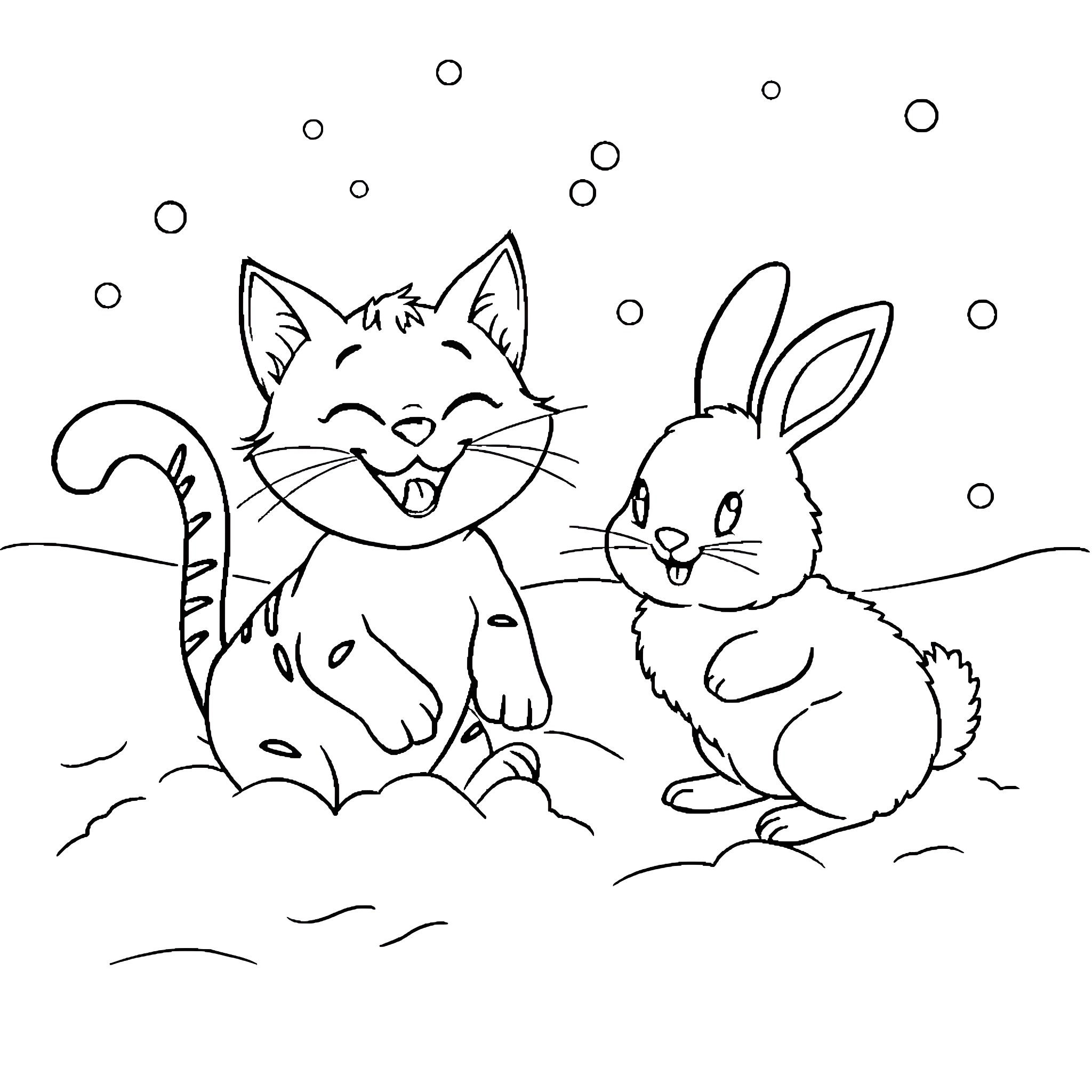 Pete the Cat and Bunny Enjoy Winter Wonderland Coloring Page (free black-and-white line drawing printable PDF for all, from beginners to advanced learners, including children, teens, adults, and seniors)