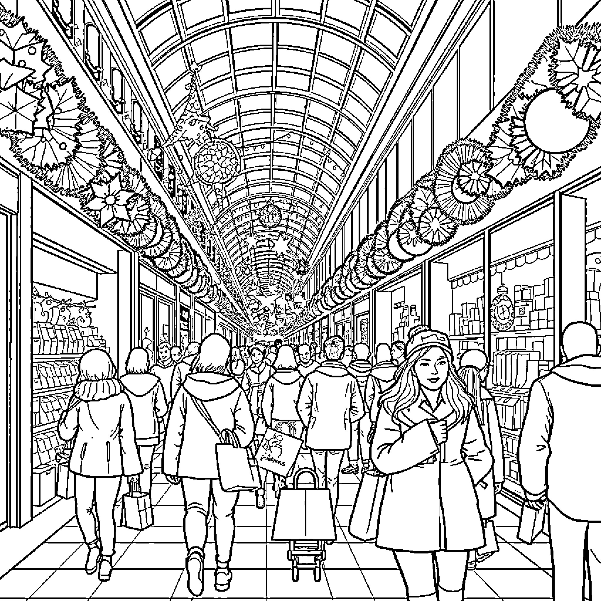 Christmas shopping in a festive indoor market Coloring Page (free black-and-white line drawing printable PDF for all, from beginners to advanced learners, including children, teens, adults, and seniors)