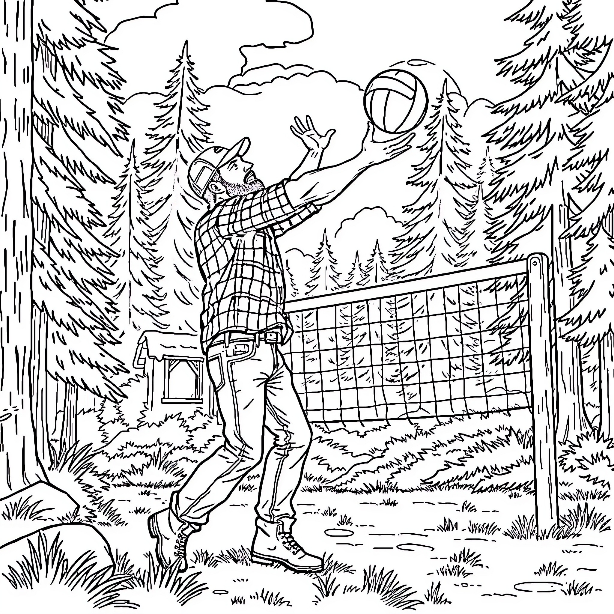 Lumberjack playing volleyball in the forest Coloring Page (free black-and-white line drawing printable PDF for all, from beginners to advanced learners, including children, teens, adults, and seniors)