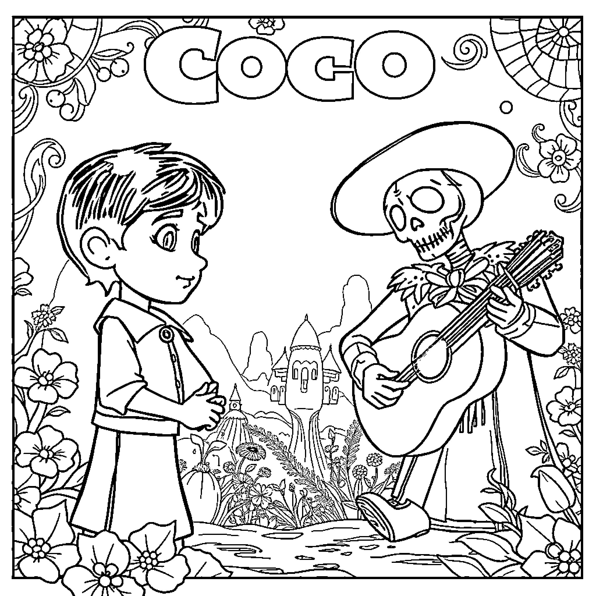 Coco: Boy Interacting with Skeletal Musician in Colorful Setting Coloring Page (free black-and-white line drawing printable PDF for all, from beginners to advanced learners, including children, teens, adults, and seniors)