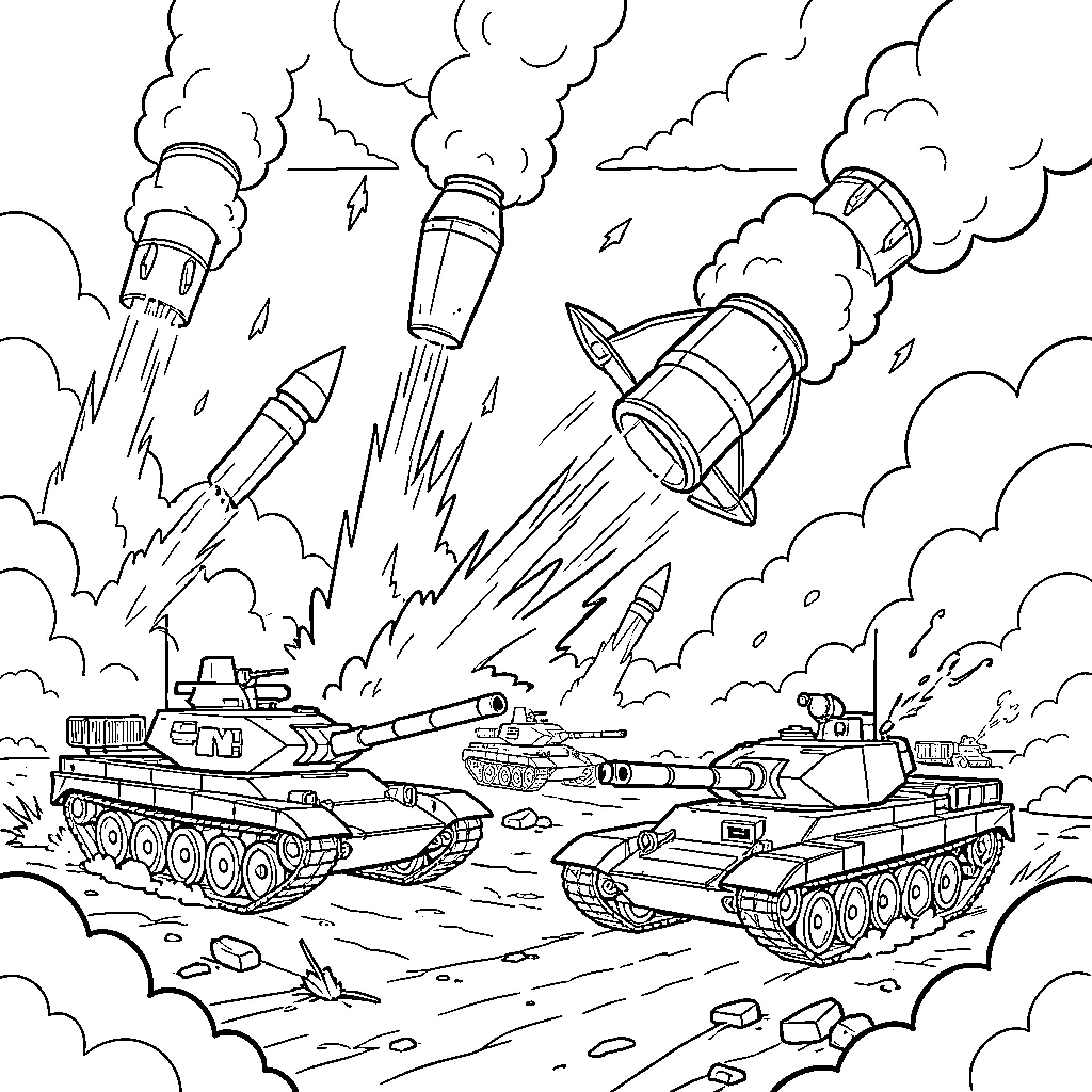 Tank Warfare with Missile Bombardment Coloring Page (free black-and-white line drawing printable PDF for all, from beginners to advanced learners, including children, teens, adults, and seniors)