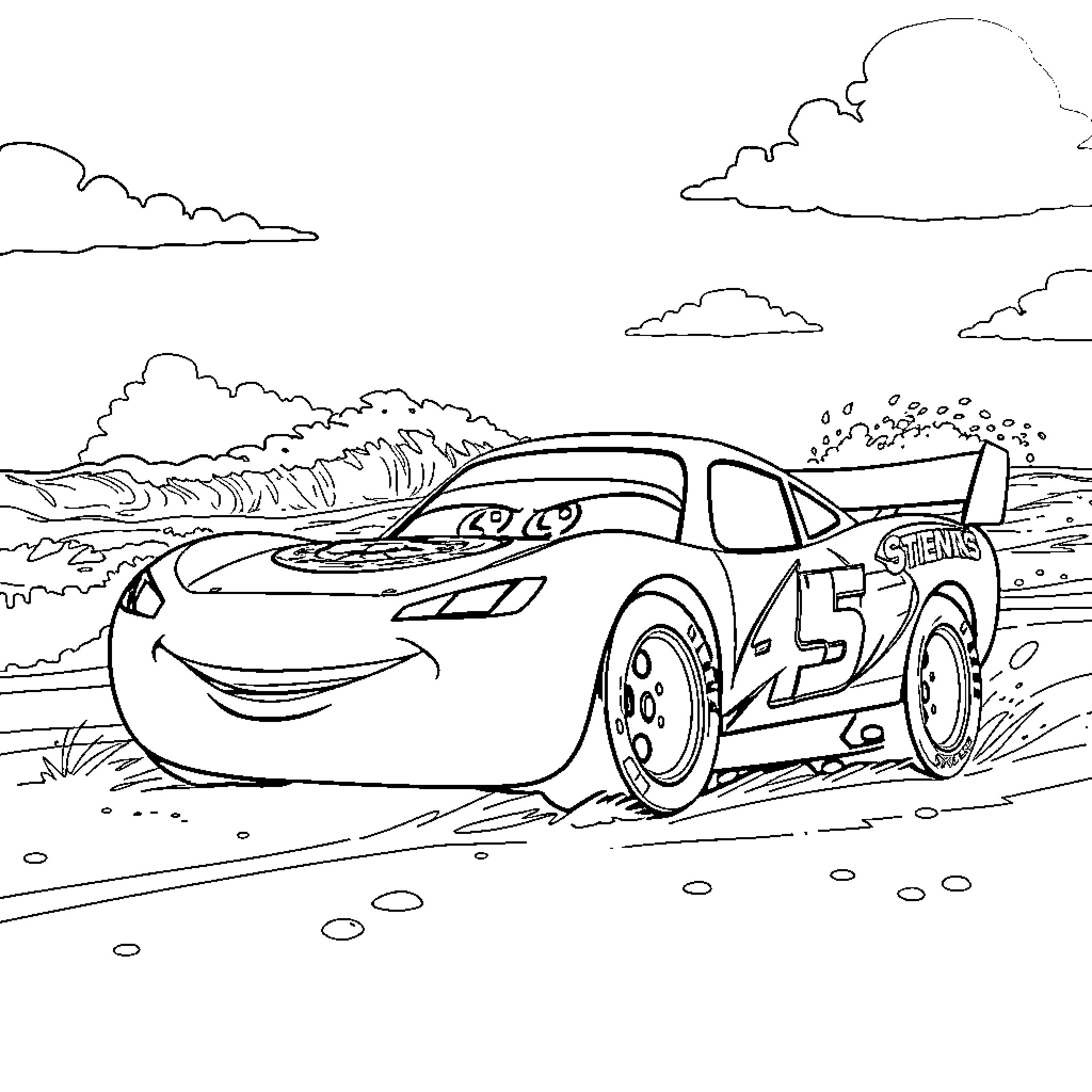 Rayo McQueen racing on the beach Coloring Page (free black-and-white line drawing printable PDF for all, from beginners to advanced learners, including children, teens, adults, and seniors)