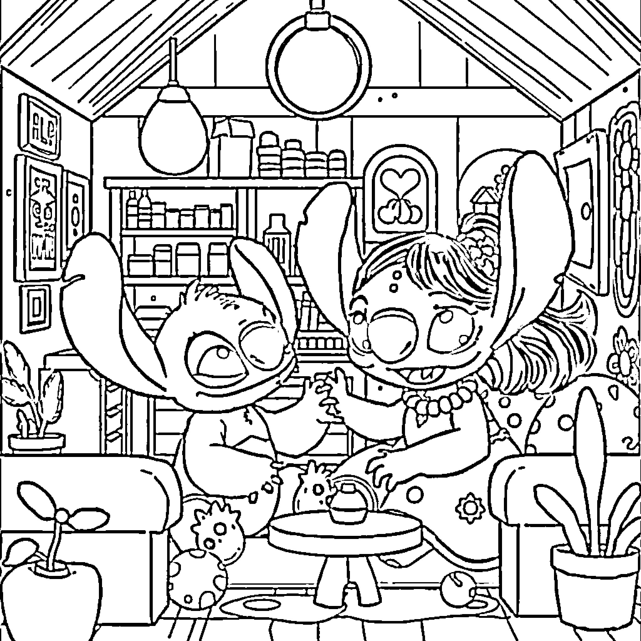 Lilo's Whimsical Adventures in Her Cozy Hideaway Coloring Page (free black-and-white line drawing printable PDF for all, from beginners to advanced learners, including children, teens, adults, and seniors)