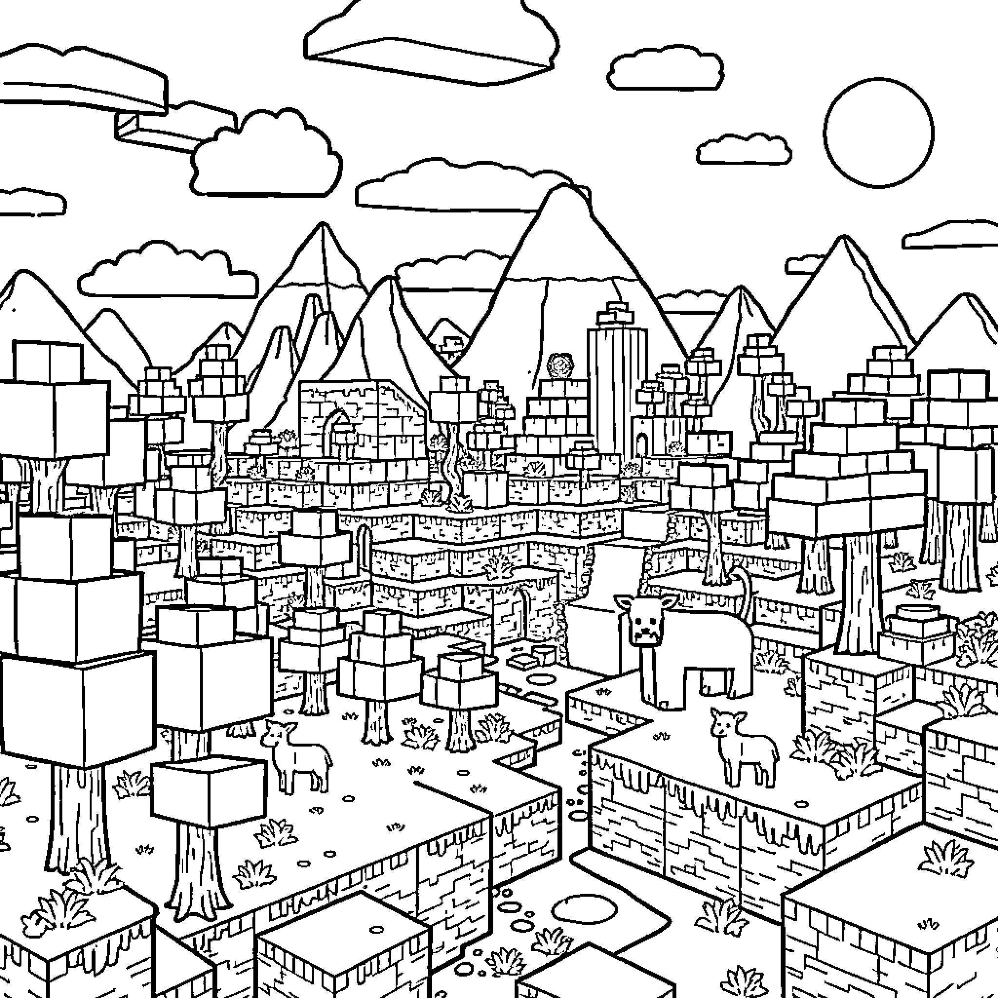 Minecraft landscape with mountains, forests, and buildings Coloring Page (free black-and-white line drawing printable PDF for all, from beginners to advanced learners, including children, teens, adults, and seniors)