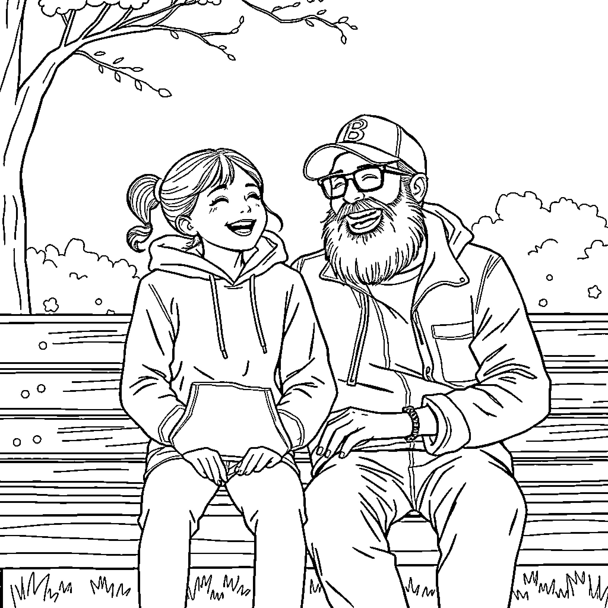 Girl and older man sharing a moment on a bench Coloring Page (free black-and-white line drawing printable PDF for all, from beginners to advanced learners, including children, teens, adults, and seniors)