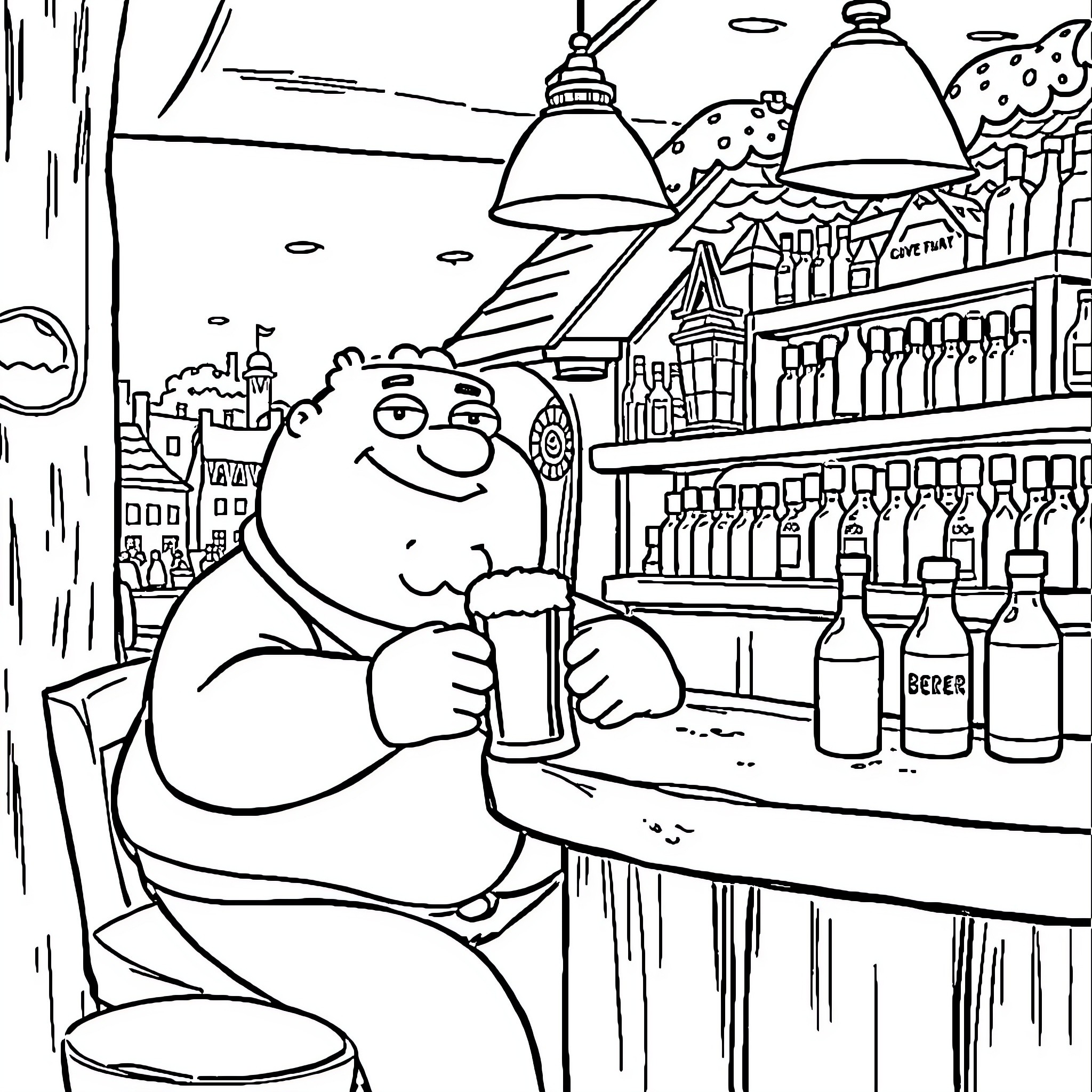 Peter Griffin Enjoying a Drink at the Bar Coloring Page (free black-and-white line drawing printable PDF for all, from beginners to advanced learners, including children, teens, adults, and seniors)