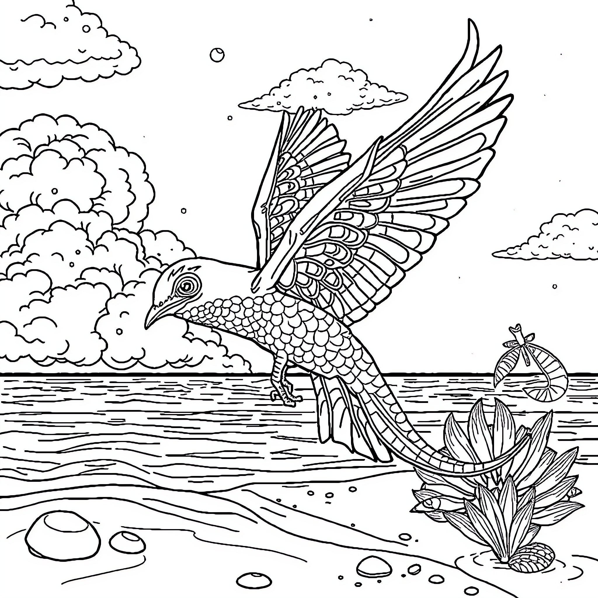 Crocodile soaring over the ocean with fantastical wings Coloring Page (free black-and-white line drawing printable PDF for all, from beginners to advanced learners, including children, teens, adults, and seniors)