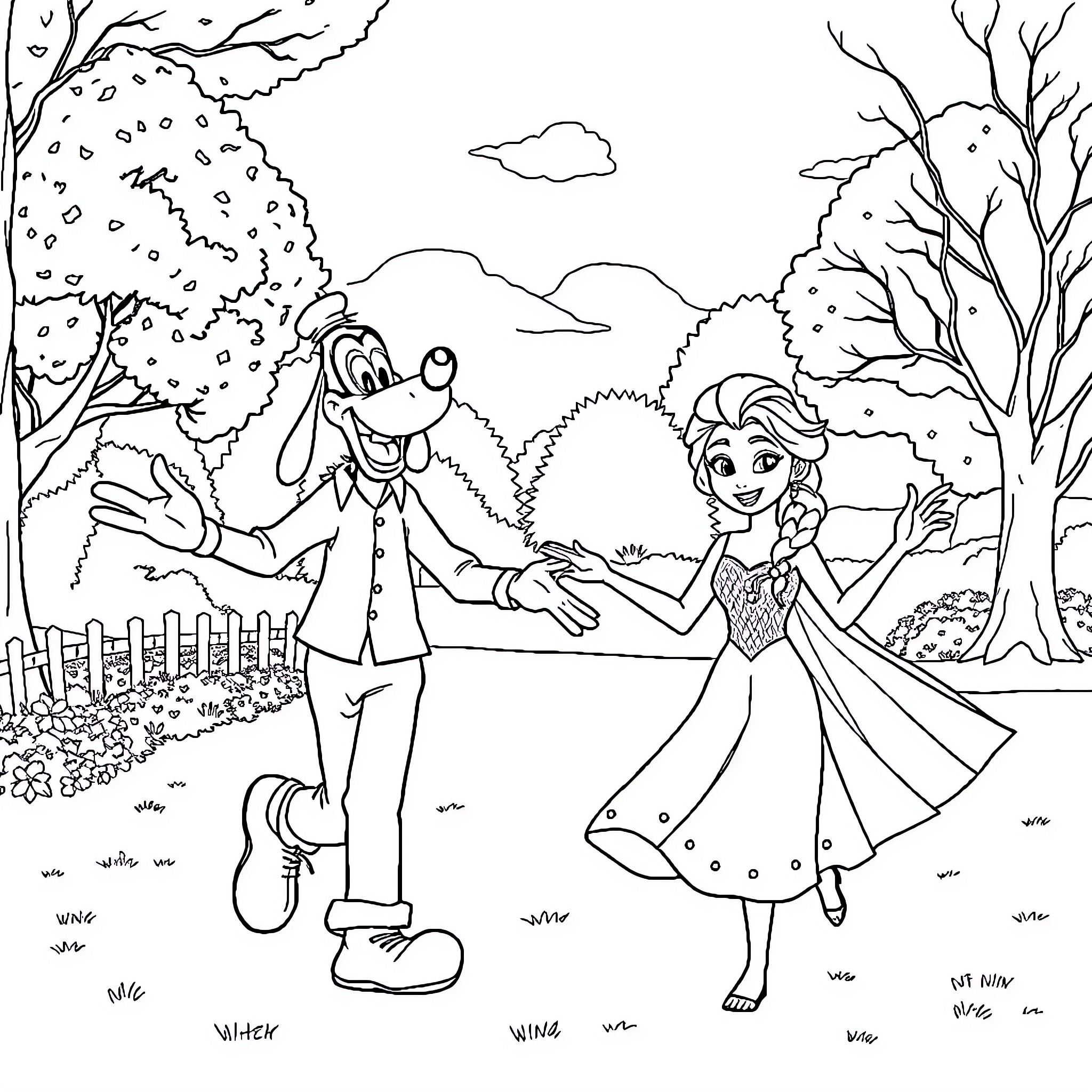 Goofy couple dancing in a whimsical outdoor scene Coloring Page (free black-and-white line drawing printable PDF for all, from beginners to advanced learners, including children, teens, adults, and seniors)