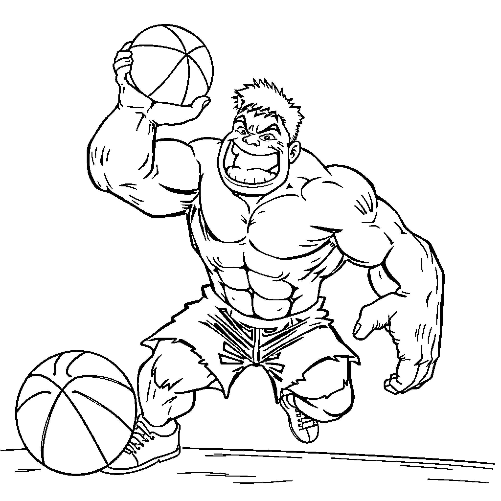 Hulk playing basketball with enthusiasm Coloring Page (free black-and-white line drawing printable PDF for all, from beginners to advanced learners, including children, teens, adults, and seniors)