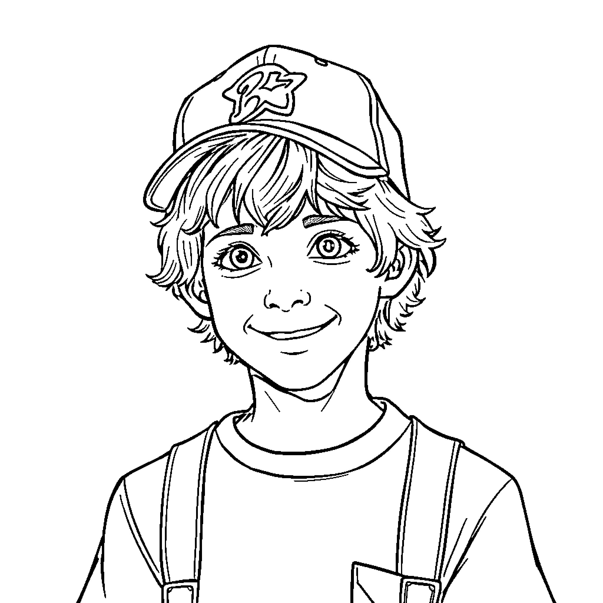 Dustin smiling happily in his cap and overalls Coloring Page (free black-and-white line drawing printable PDF for all, from beginners to advanced learners, including children, teens, adults, and seniors)
