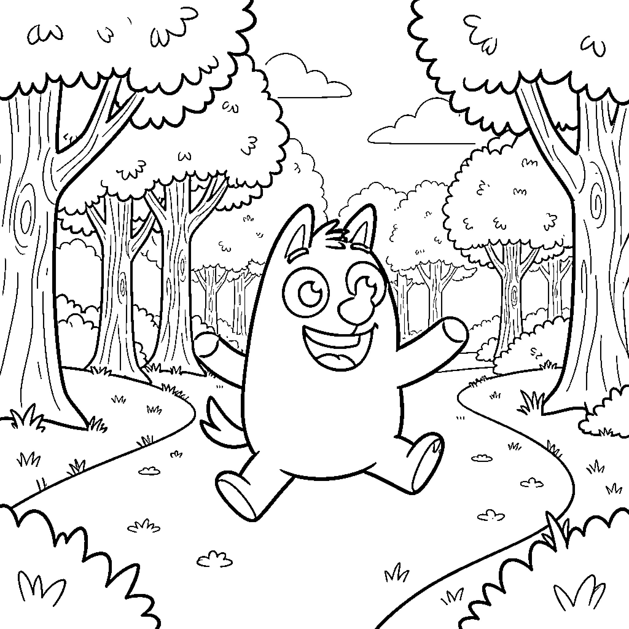 Bluey exploring the enchanting forest Coloring Page (free black-and-white line drawing printable PDF for all, from beginners to advanced learners, including children, teens, adults, and seniors)
