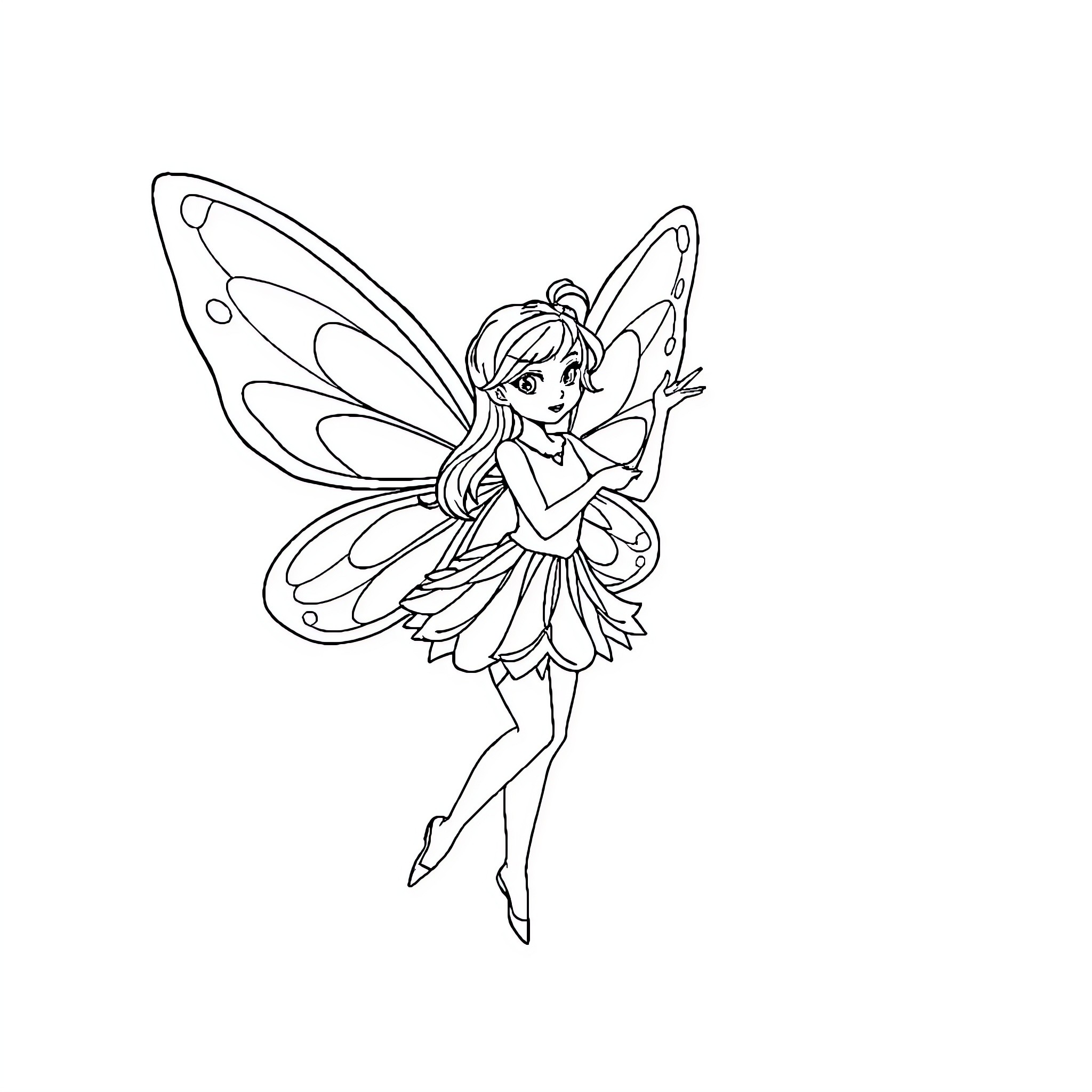 Fairy dancing with joyful expression Coloring Page (free black-and-white line drawing printable PDF for all, from beginners to advanced learners, including children, teens, adults, and seniors)