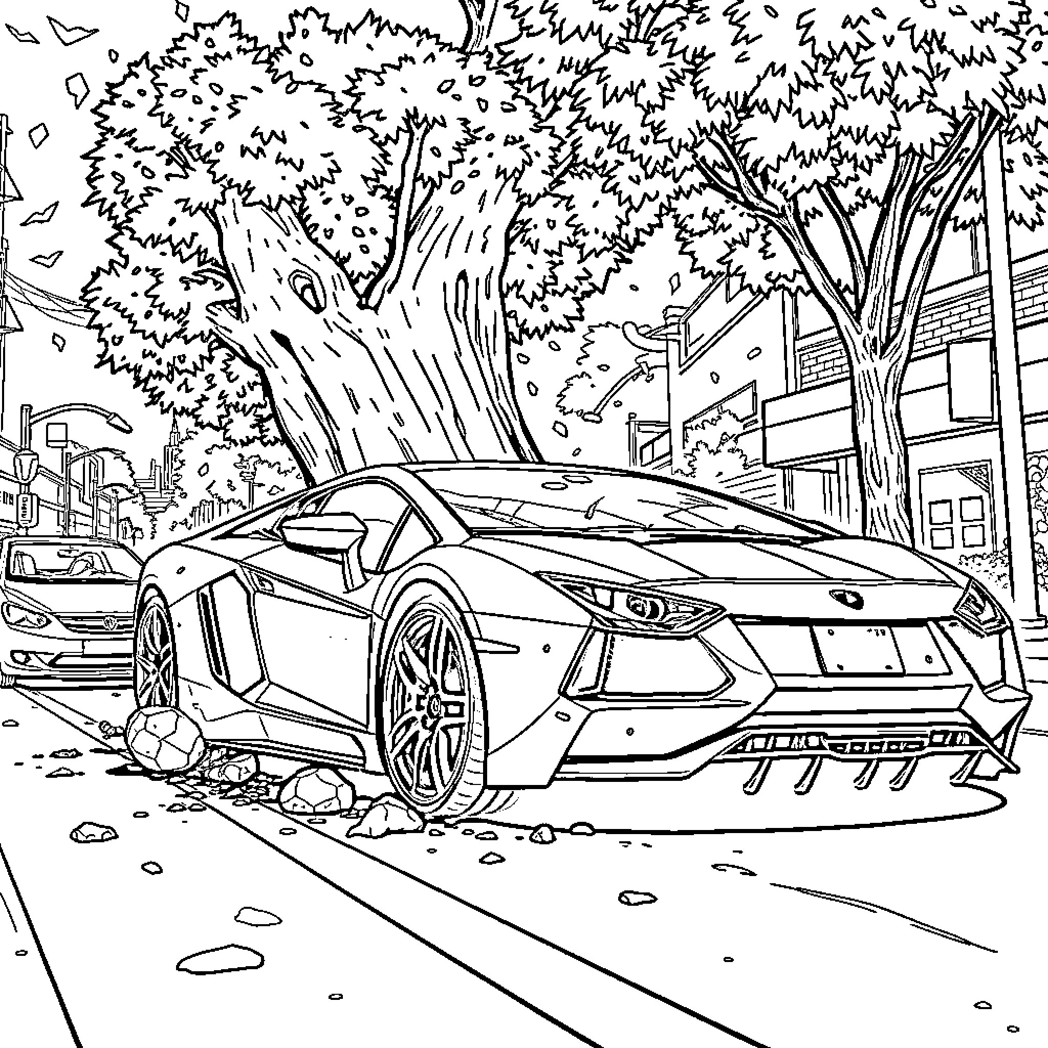 Lamborghini sports car in urban environment Coloring Page (free black-and-white line drawing printable PDF for all, from beginners to advanced learners, including children, teens, adults, and seniors)