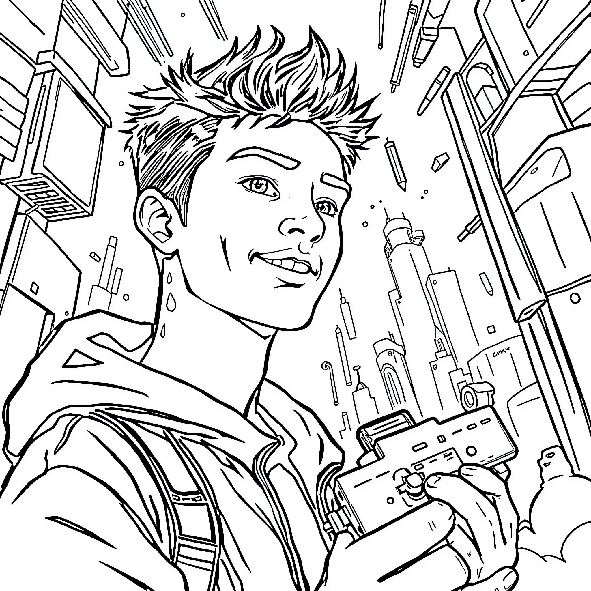 Male with futuristic gadgets and tools Coloring Page (free black-and-white line drawing printable PDF for all, from beginners to advanced learners, including children, teens, adults, and seniors)