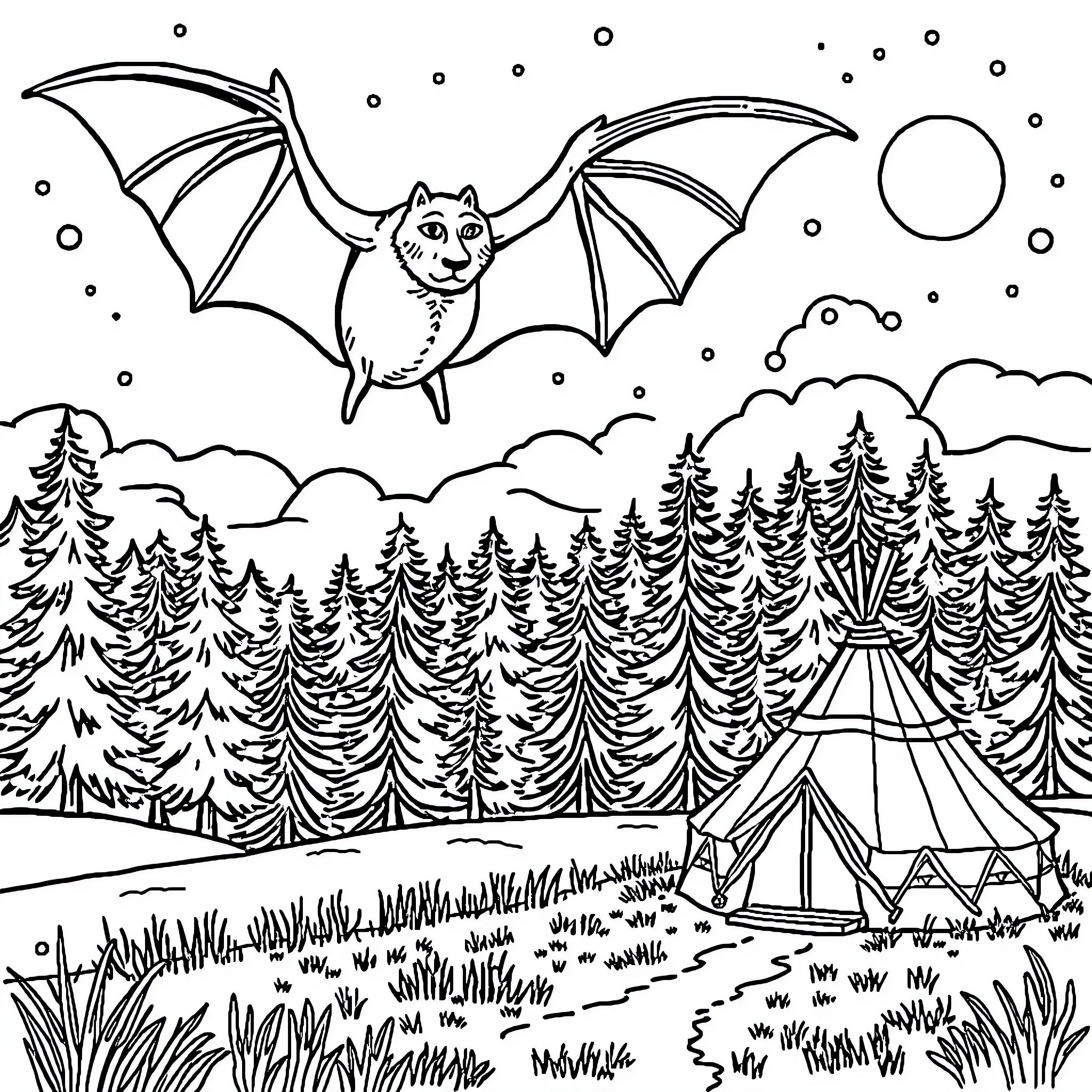 Chauve Souris flying over a camping scene in the woods Coloring Page (free black-and-white line drawing printable PDF for all, from beginners to advanced learners, including children, teens, adults, and seniors)