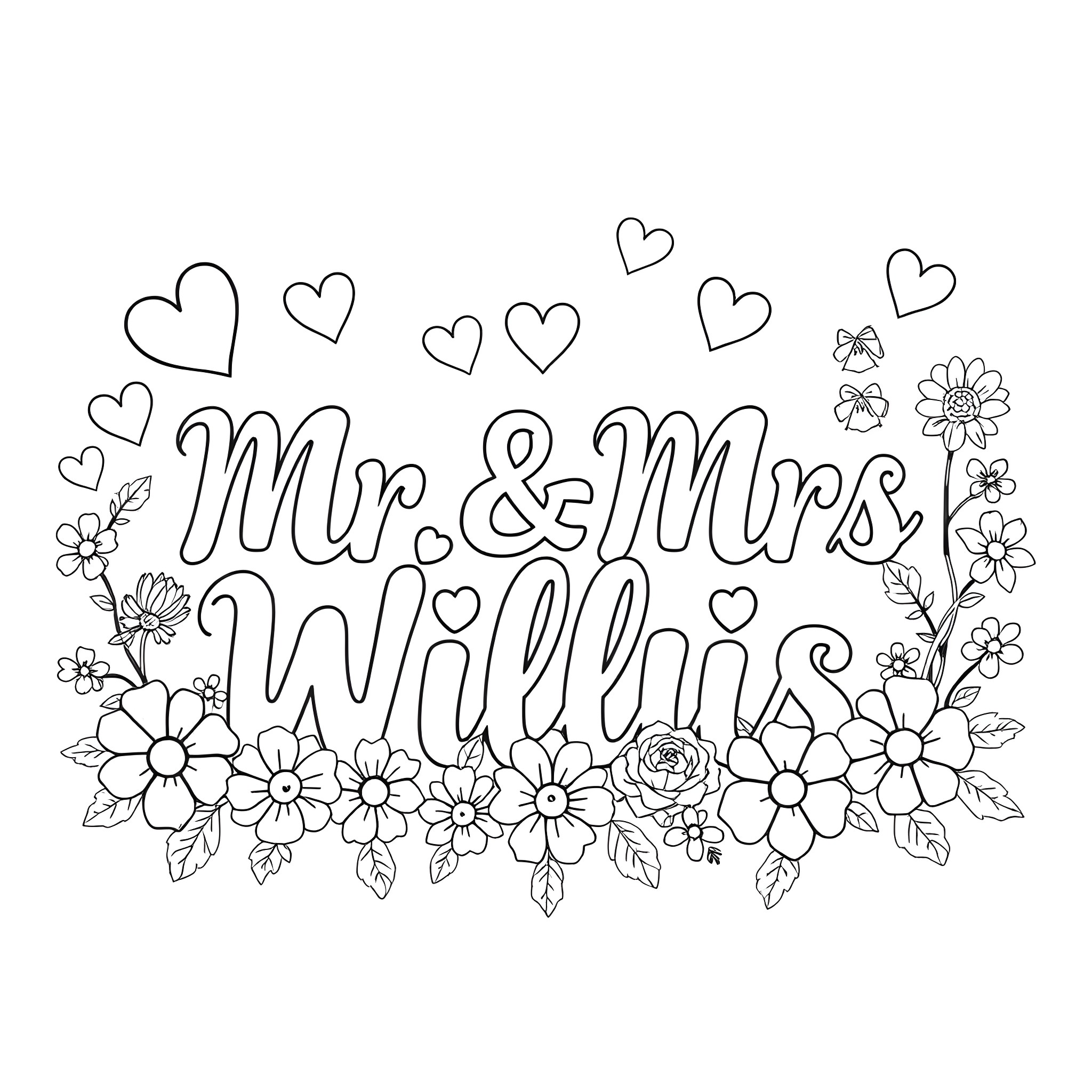 Mr. & Mrs. Willis Wedding Celebration with Floral Decor Coloring Page (free black-and-white line drawing printable PDF for all, from beginners to advanced learners, including children, teens, adults, and seniors)